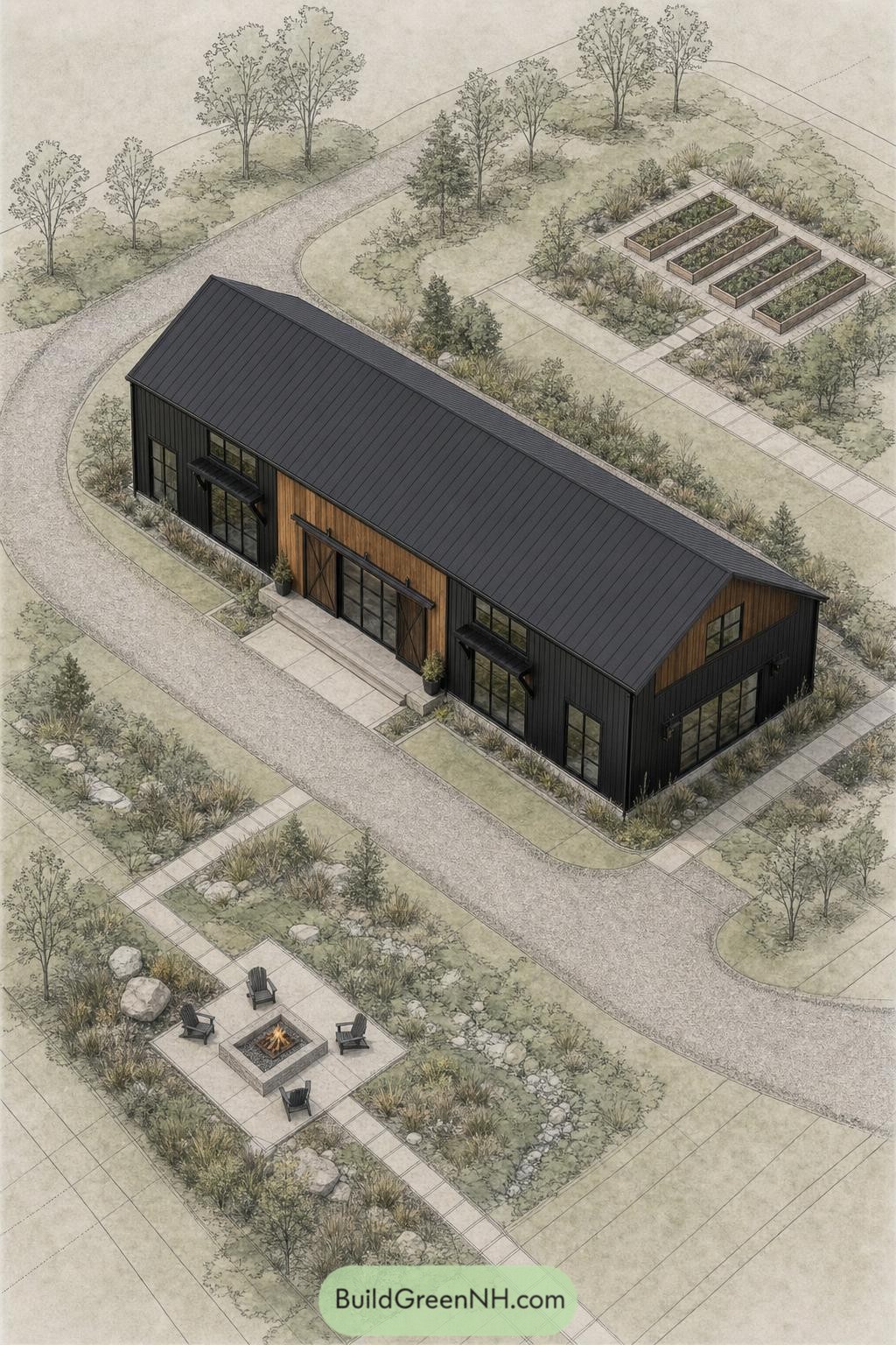 Black and cedar barndominium with vegetable beds and fire patio