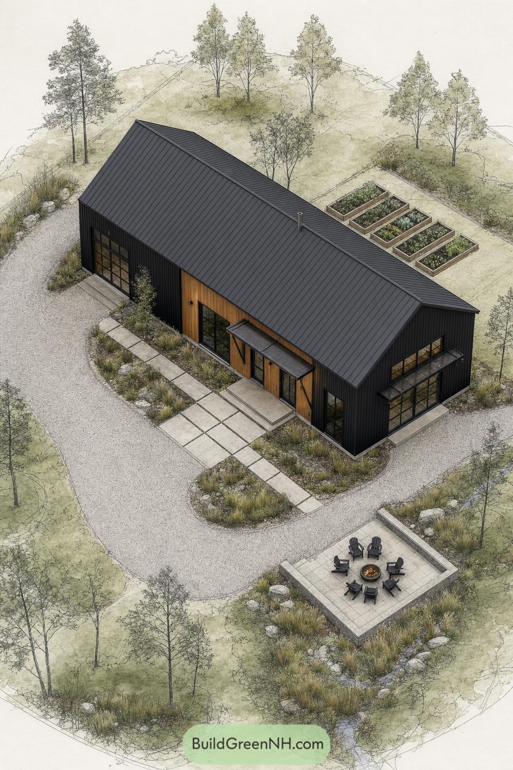 Black metal barndominium with cedar entry and garden beds