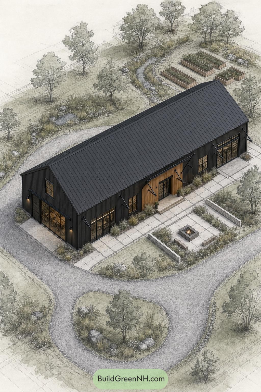 Black metal barndominium with cedar entries and a firepit patio