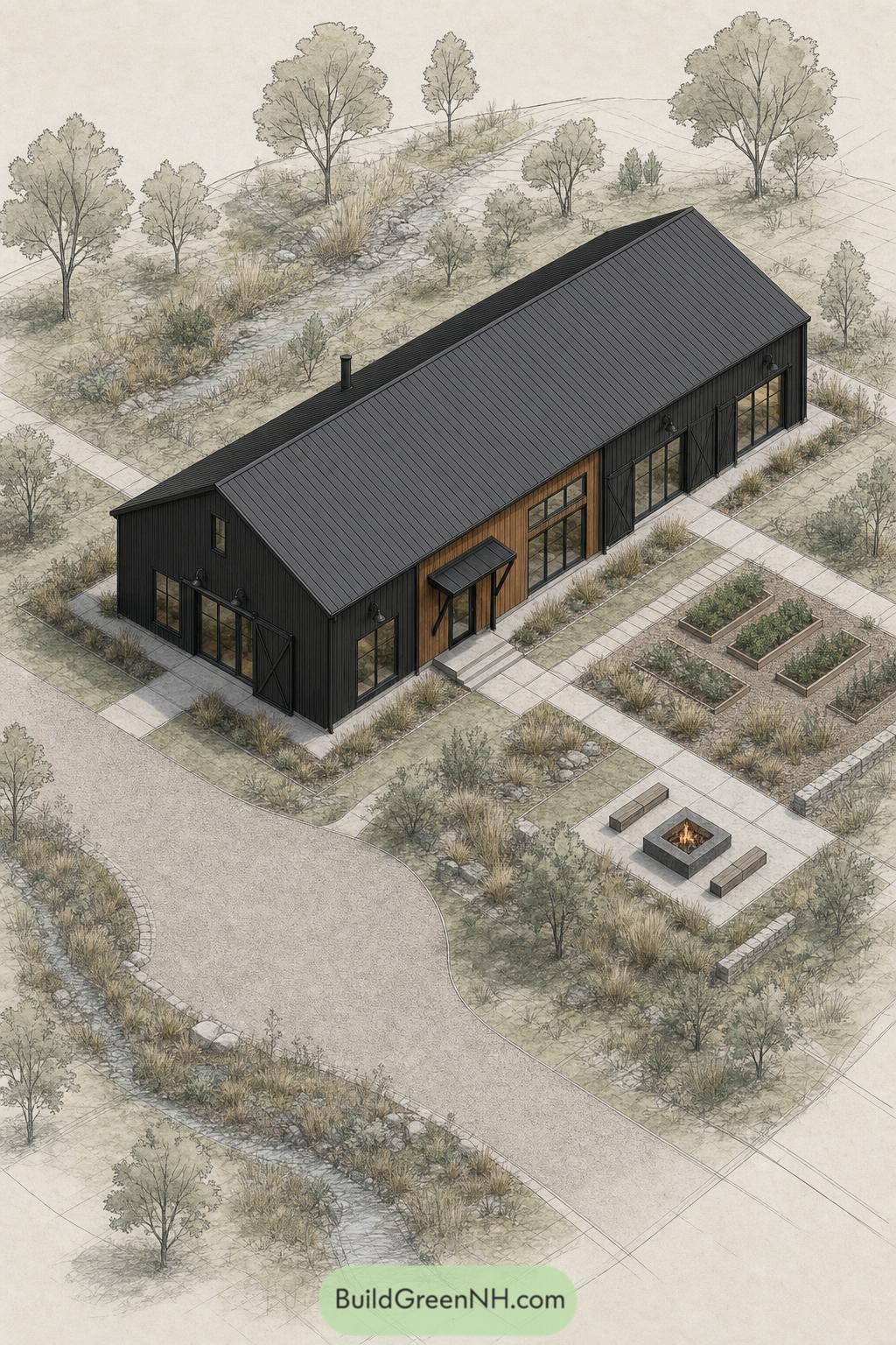 Black gabled barndominium with raised garden beds and fire pit