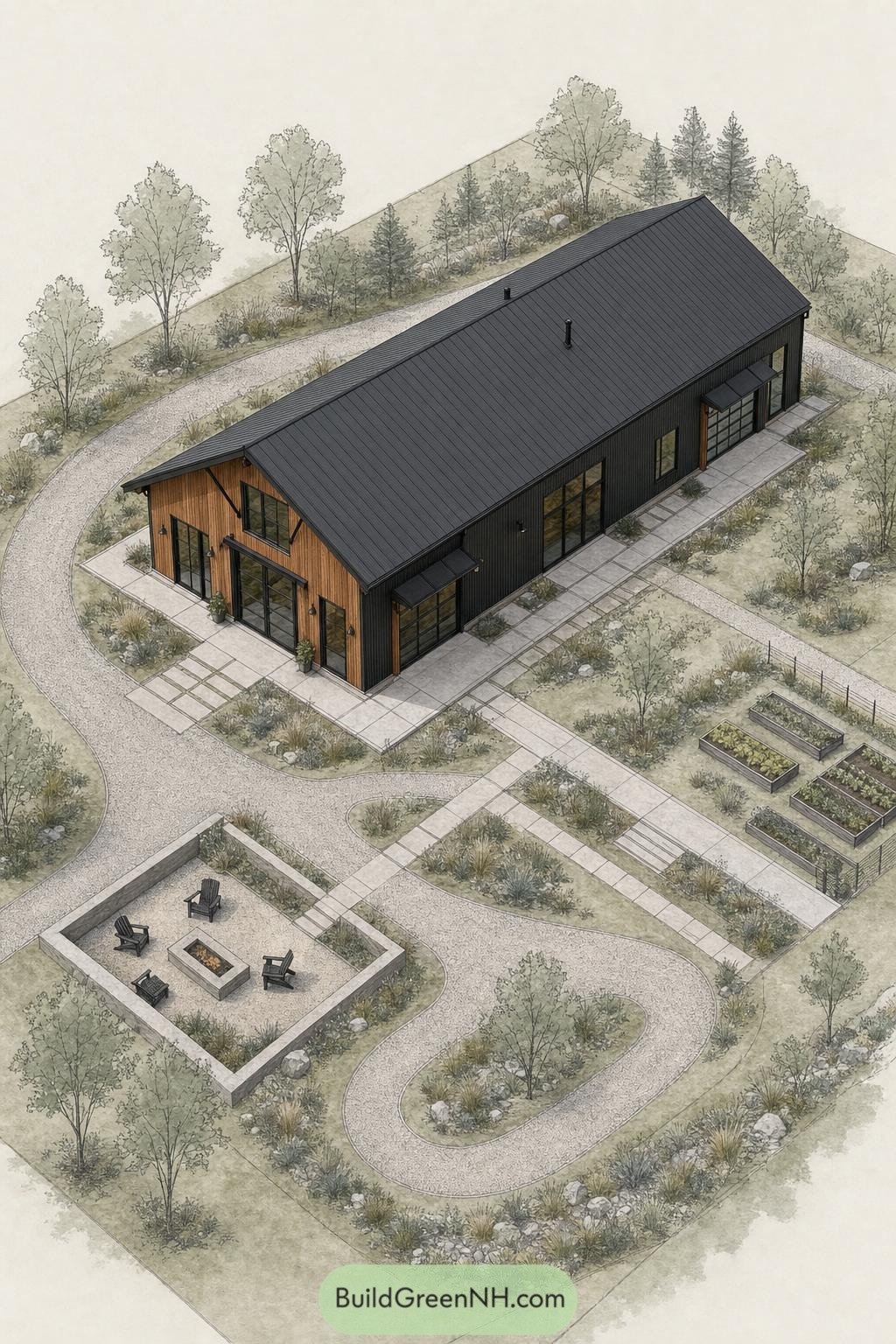 Modern black barndominium with timber entry and landscaped fire pit patio