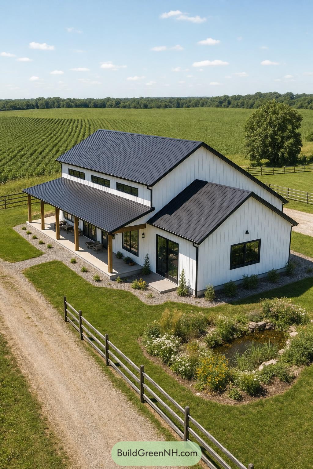 White barndominium with black metal roofs and a covered porch beside farm fields