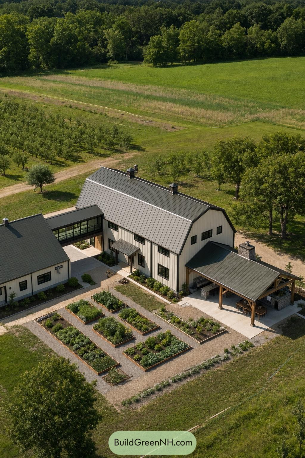 White Barndominium With Garden Beds And Covered Patio