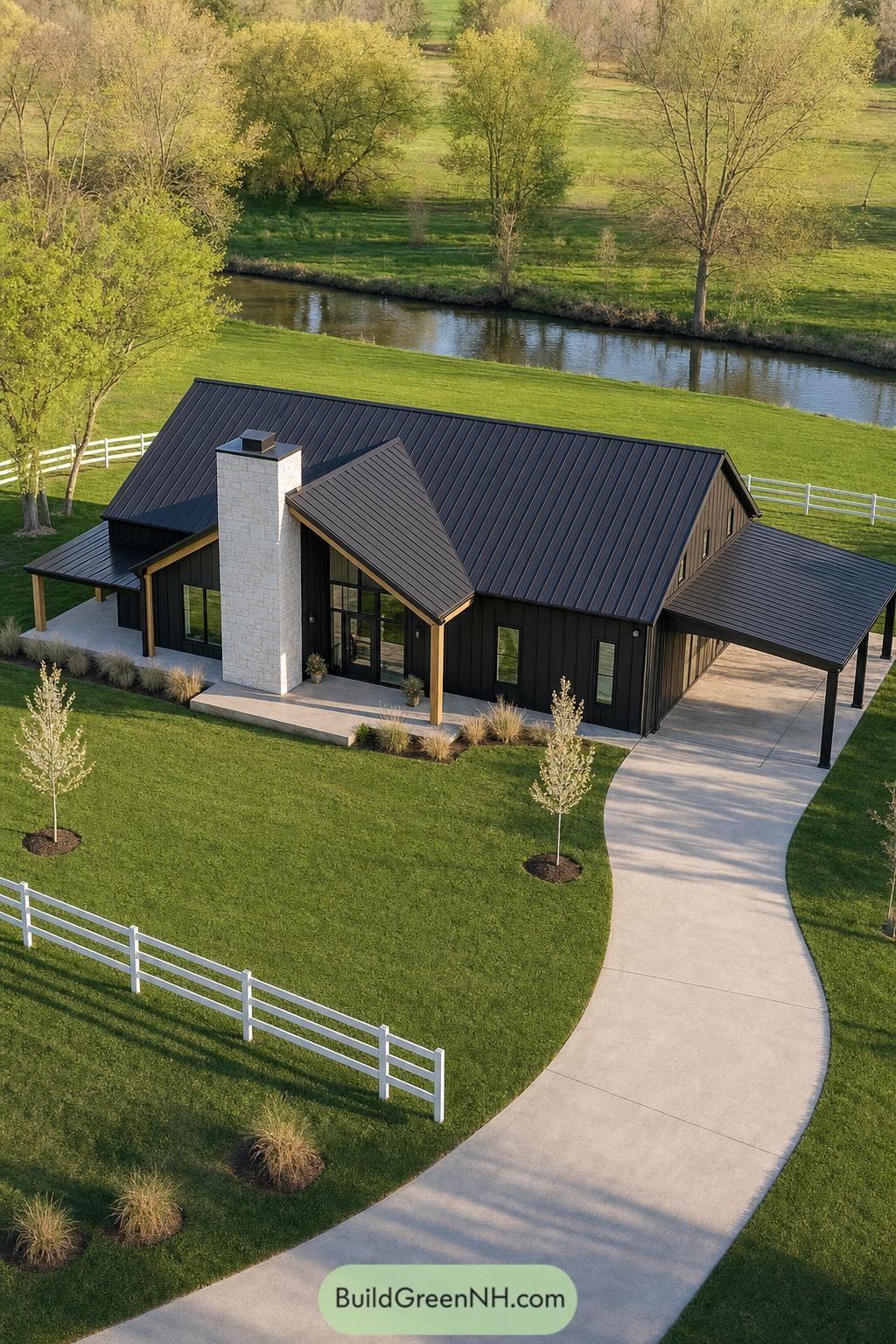 Black Gabled Barndominium Beside A Winding Creek