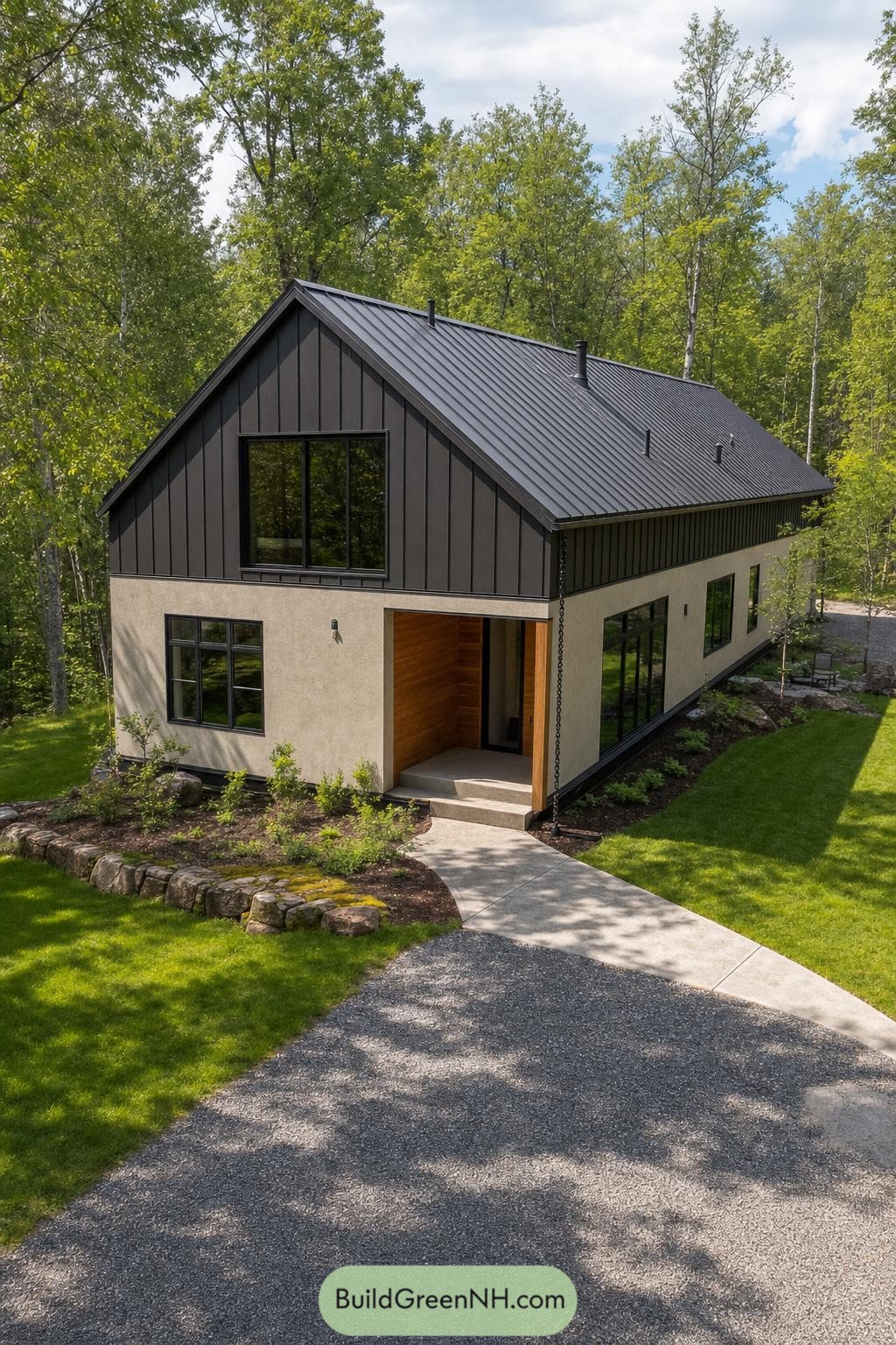 Modern black gable home with stucco walls in a wooded setting