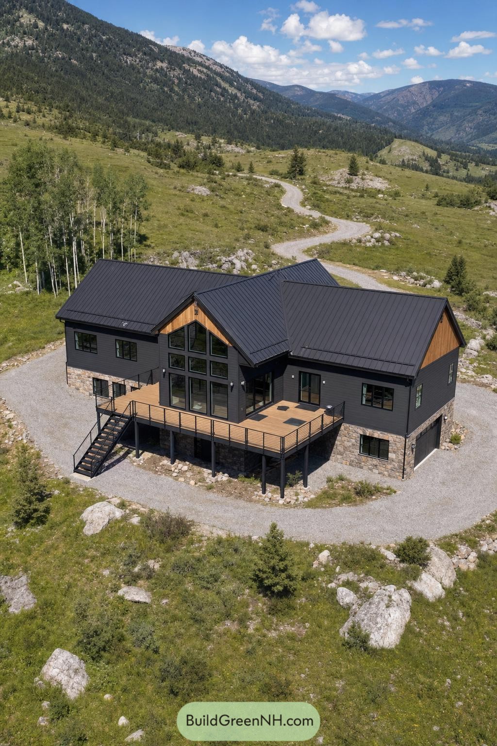 Black gabled barndominium with raised deck in mountain meadow