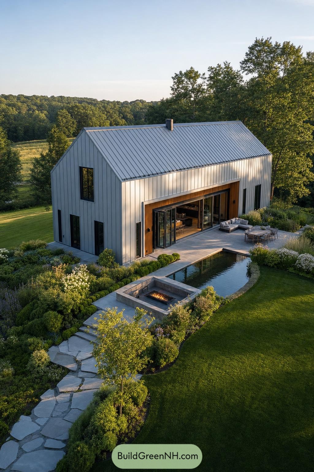 Silver metal gable barndominium with a patio pool and sunken fire pit