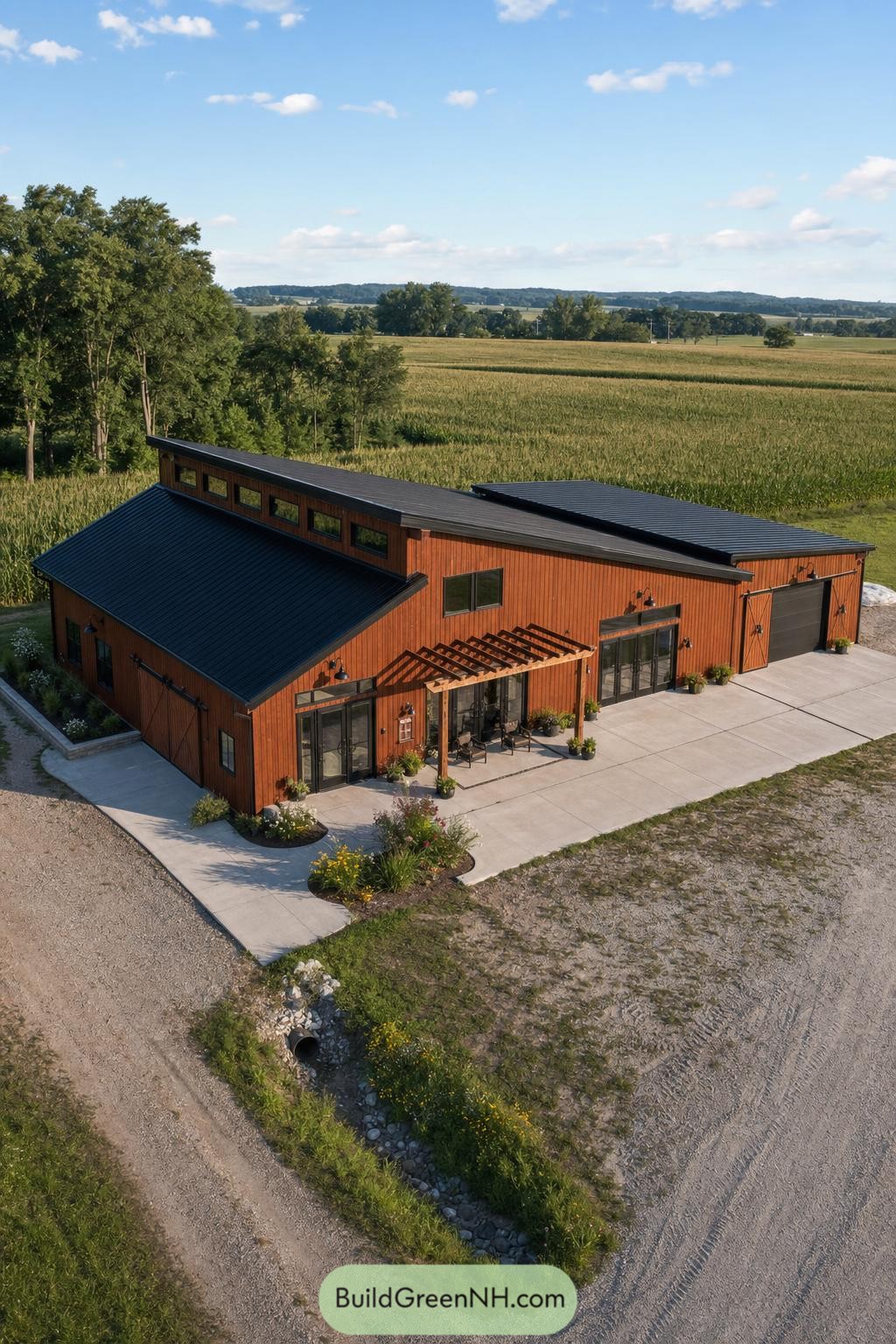 Rust-colored barndominium with pergola and garage beside cornfields