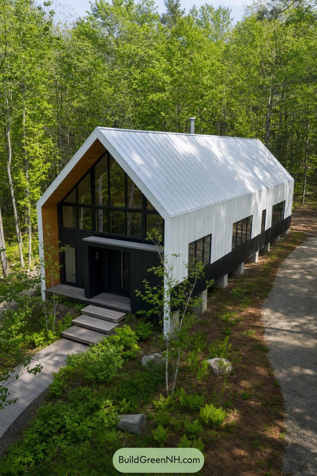 White metal gable barndominium nestled in leafy woods