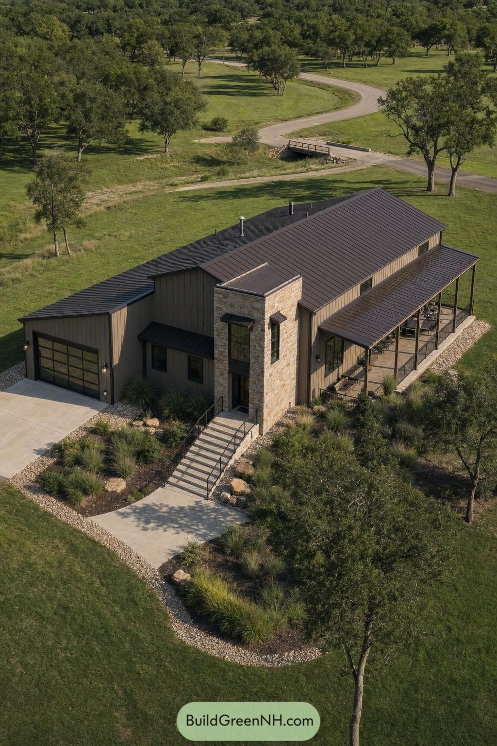 Aerial view of stone entry barndominium with covered porch and garage