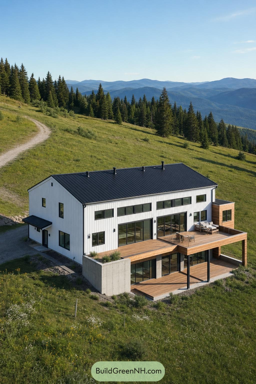 Modern white barndominium with timber decks on a mountain slope