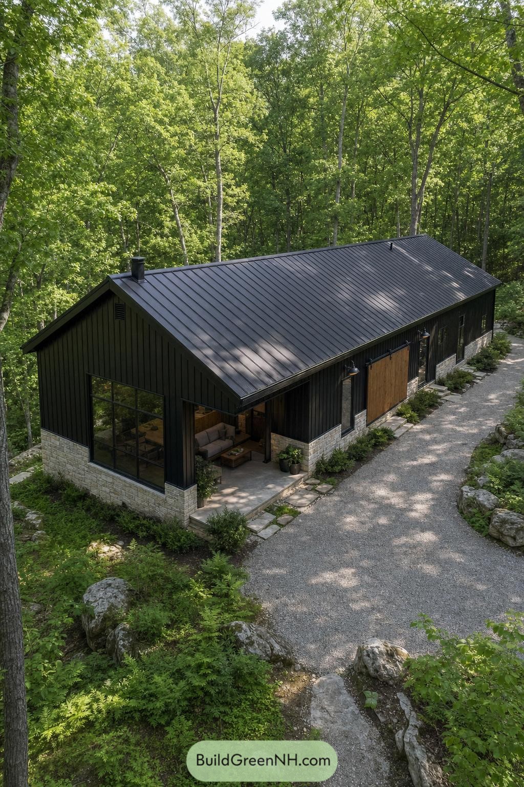 Black barn home with stone base nestled in woods