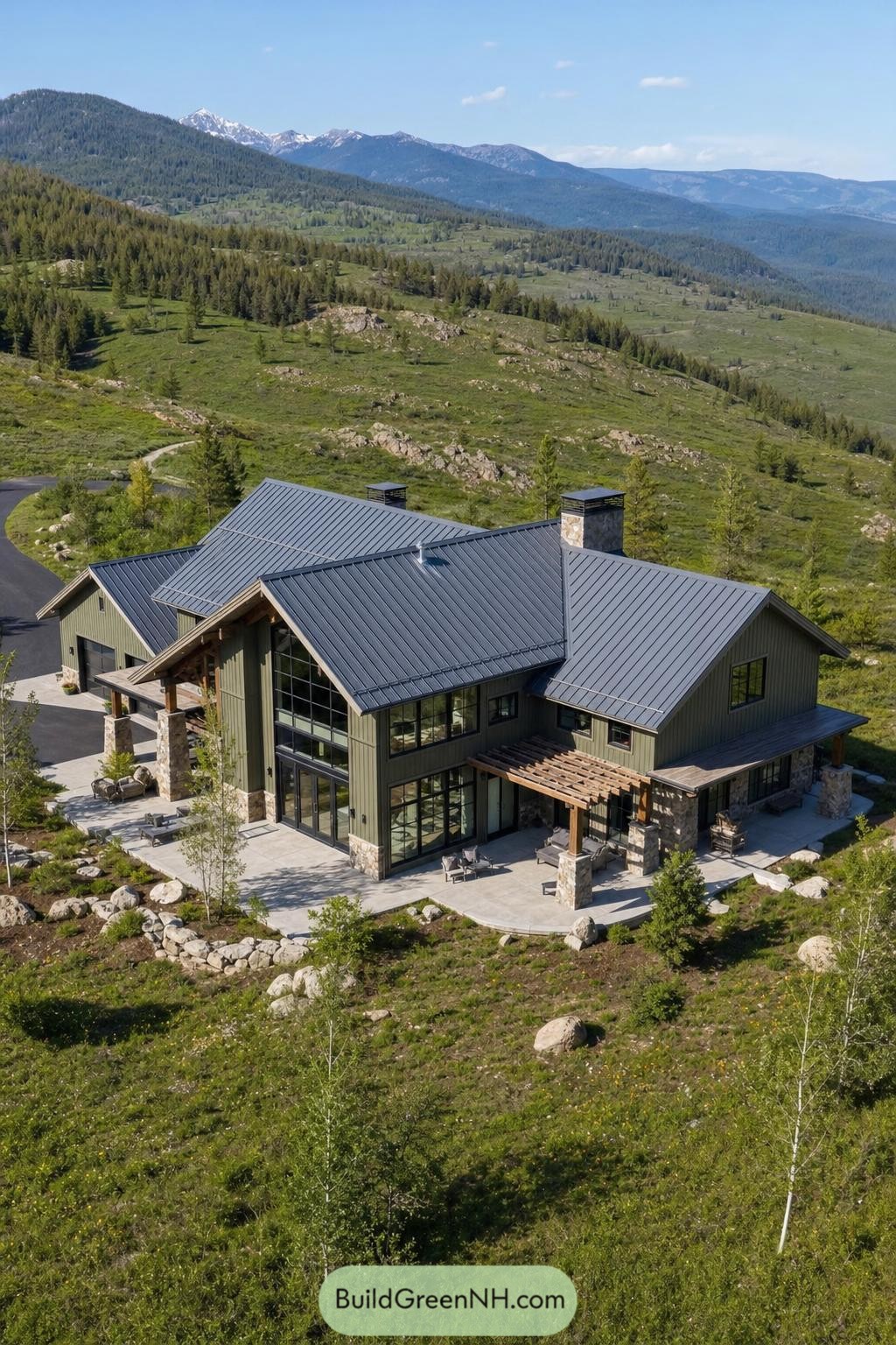 Green metal-clad barndominium with stone columns in mountain meadow