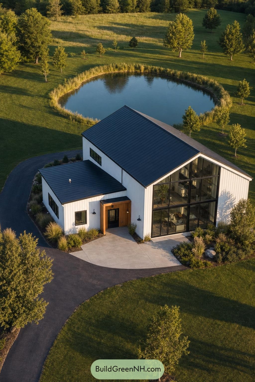 White Barndominium With Glass Gable Beside Pond