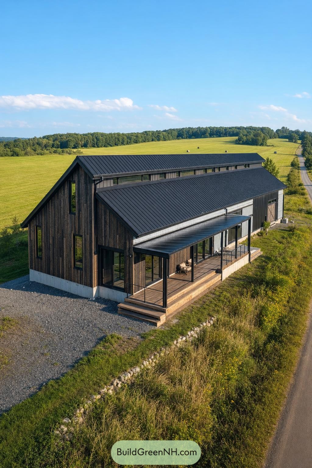 Dark wood barndominium with a covered porch overlooking fields