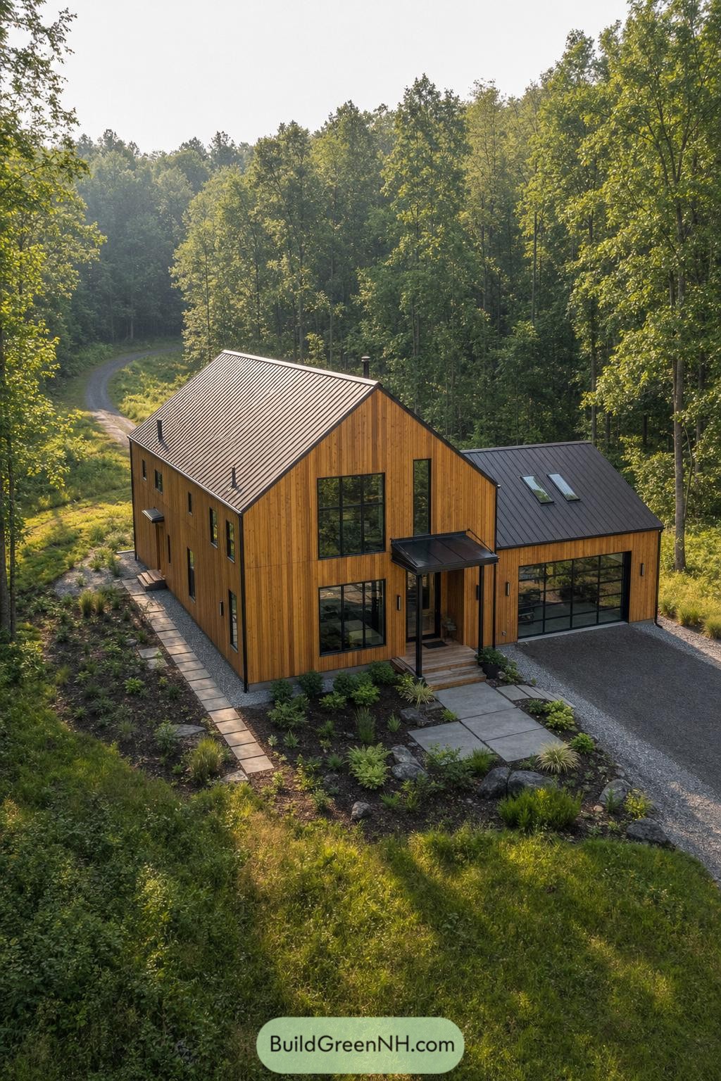 Wood clad barndominium with black metal roofs and glass garage