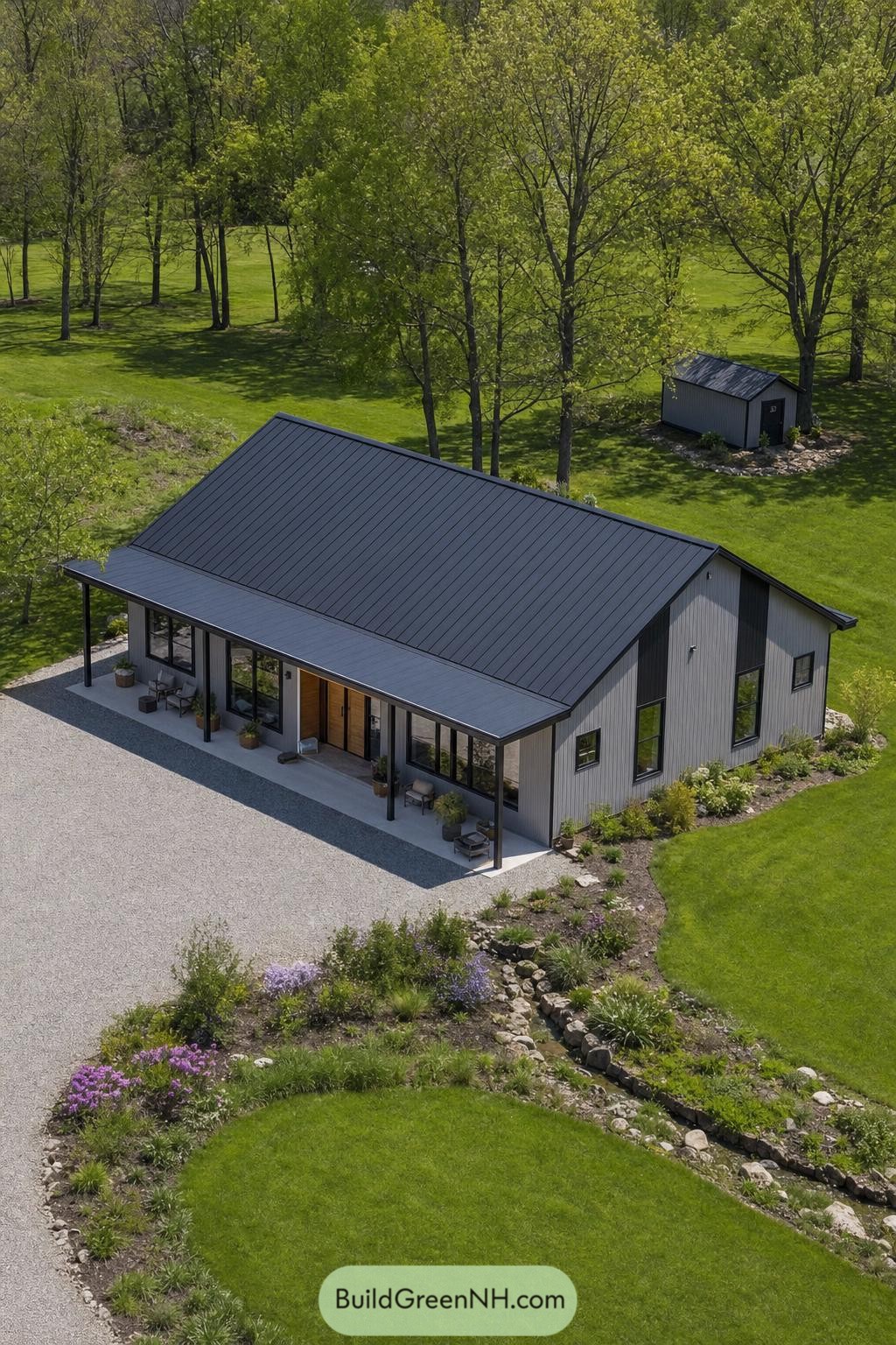 Gray metal barndominium with a covered porch beside a stone swale