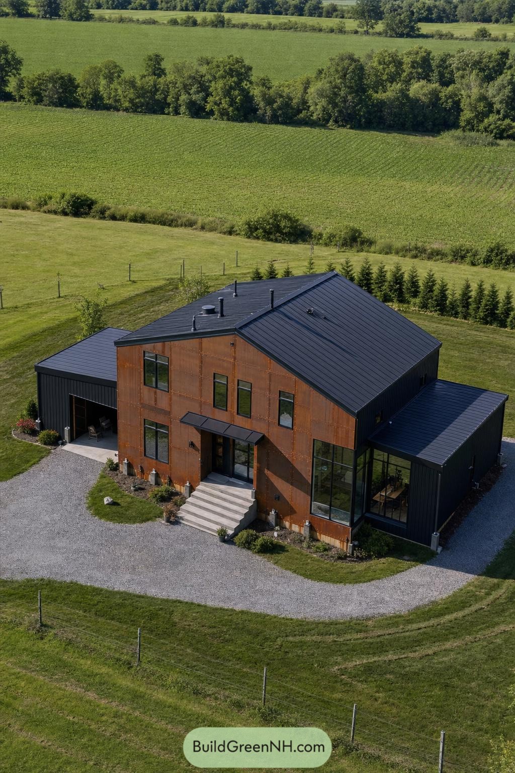 Modern barndominium with rusted steel siding and black metal roof in green farmland