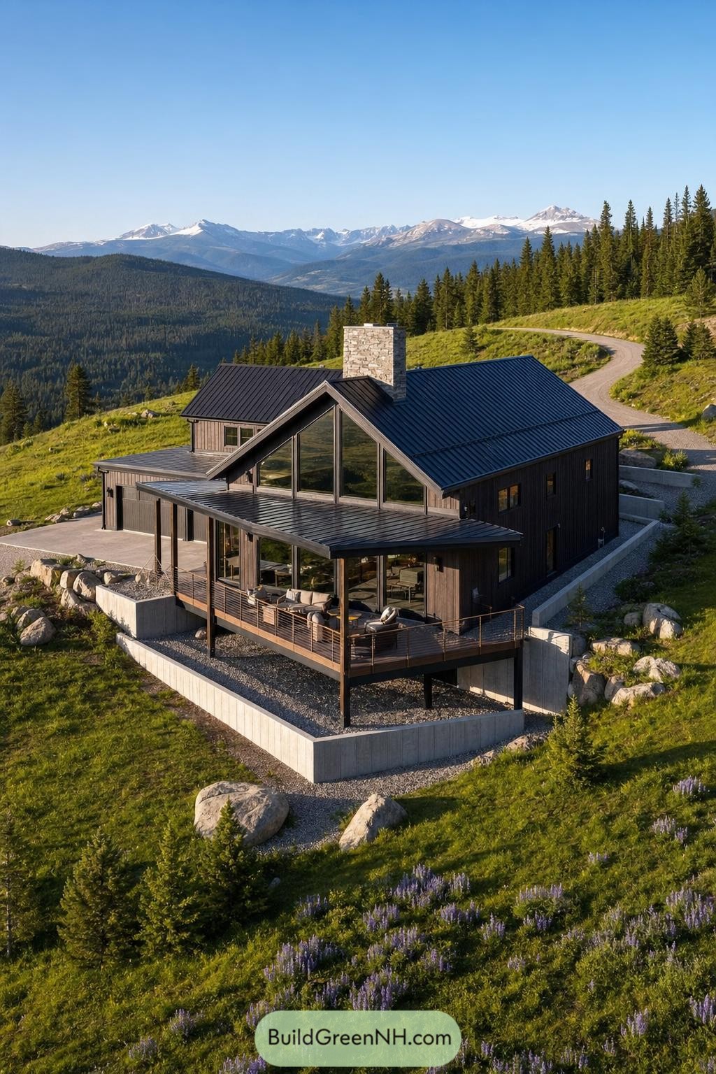 Dark timber barndominium with mountain views and a covered deck