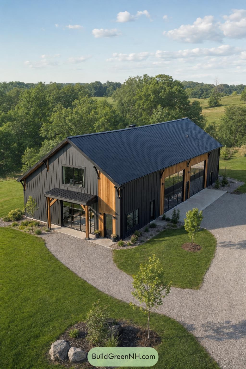 Modern charcoal barndominium with cedar trim and glass garage doors