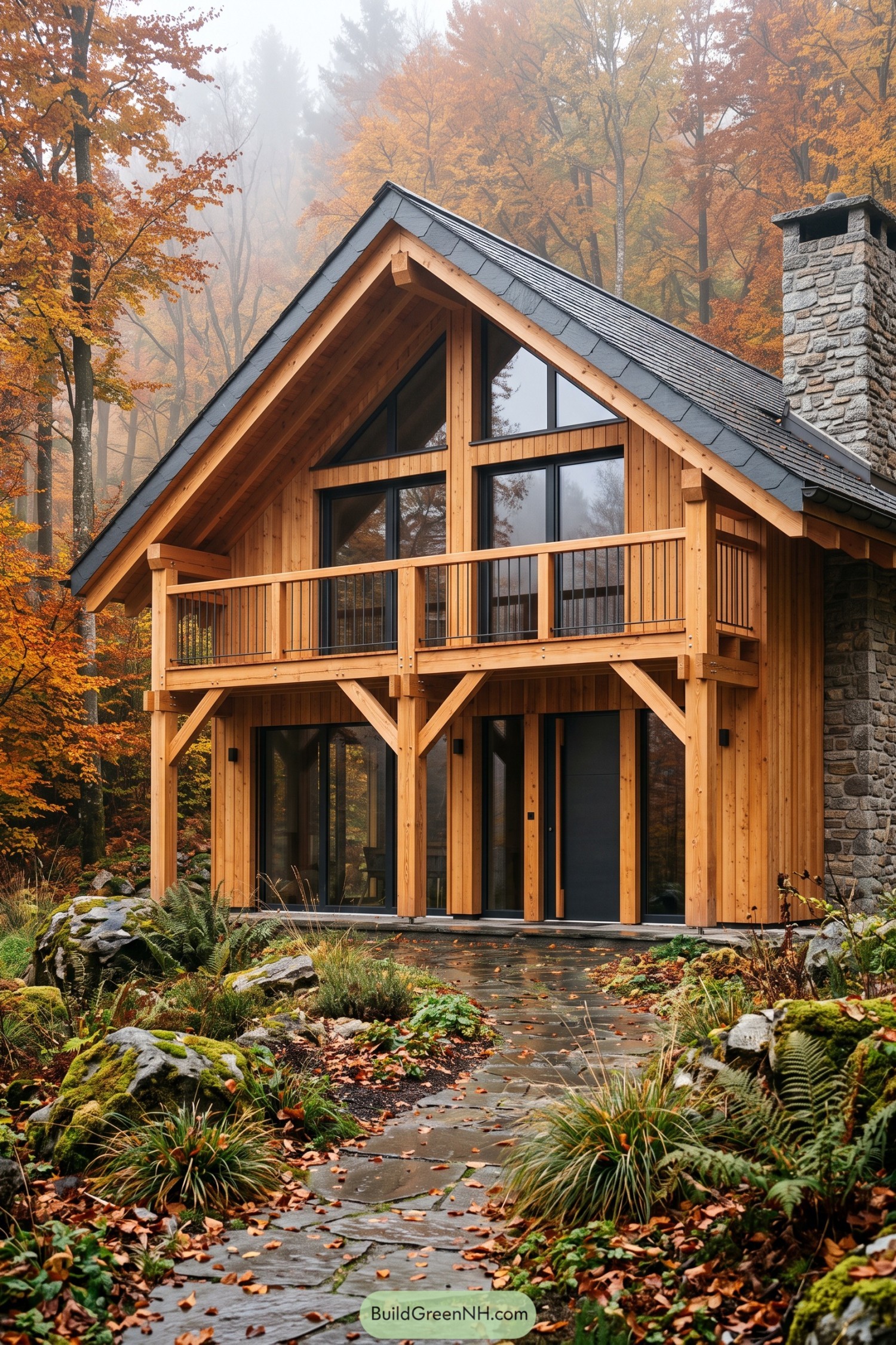 Timber chalet with a broad balcony and stone chimney