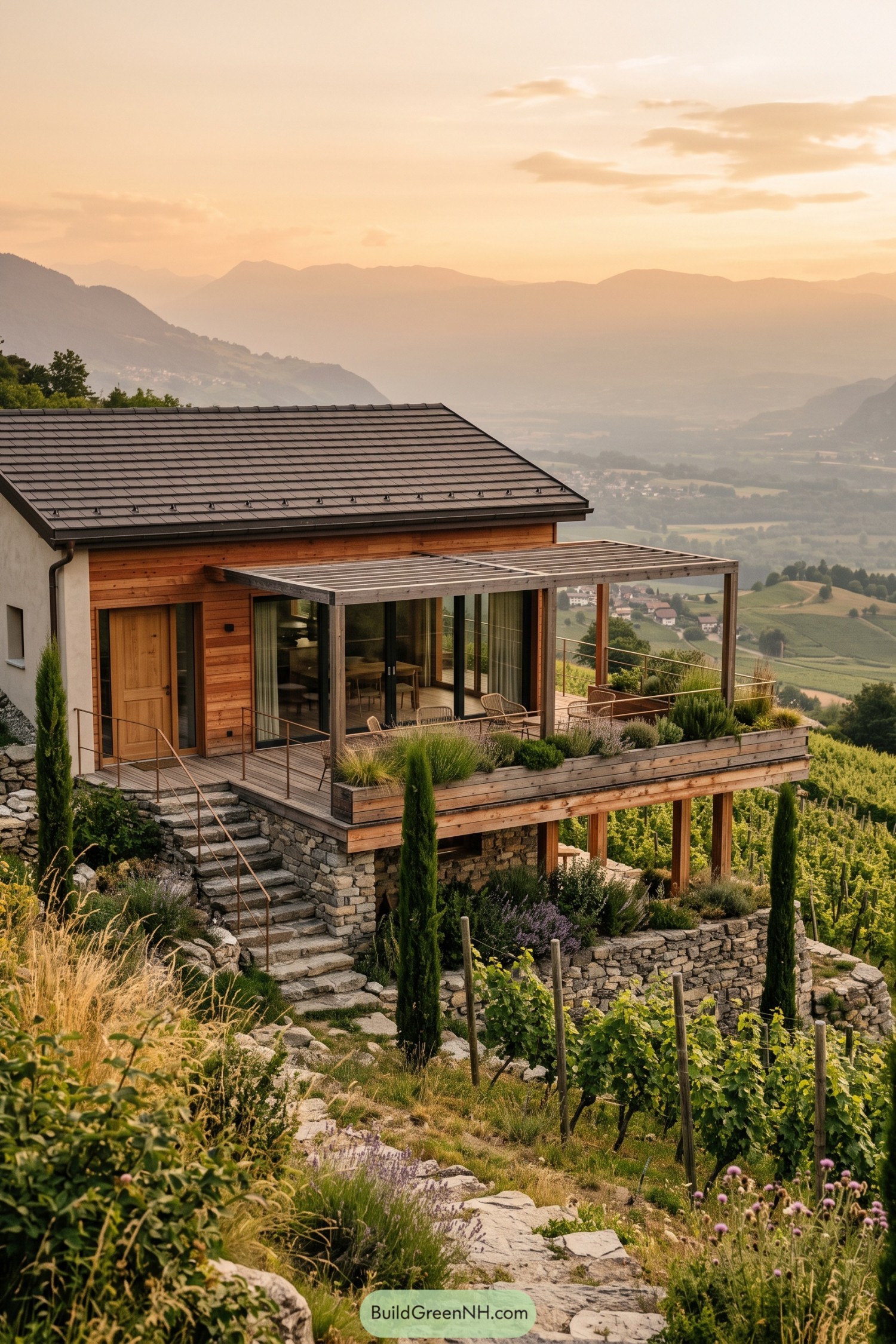Timber chalet with a pergola balcony above vineyard terraces