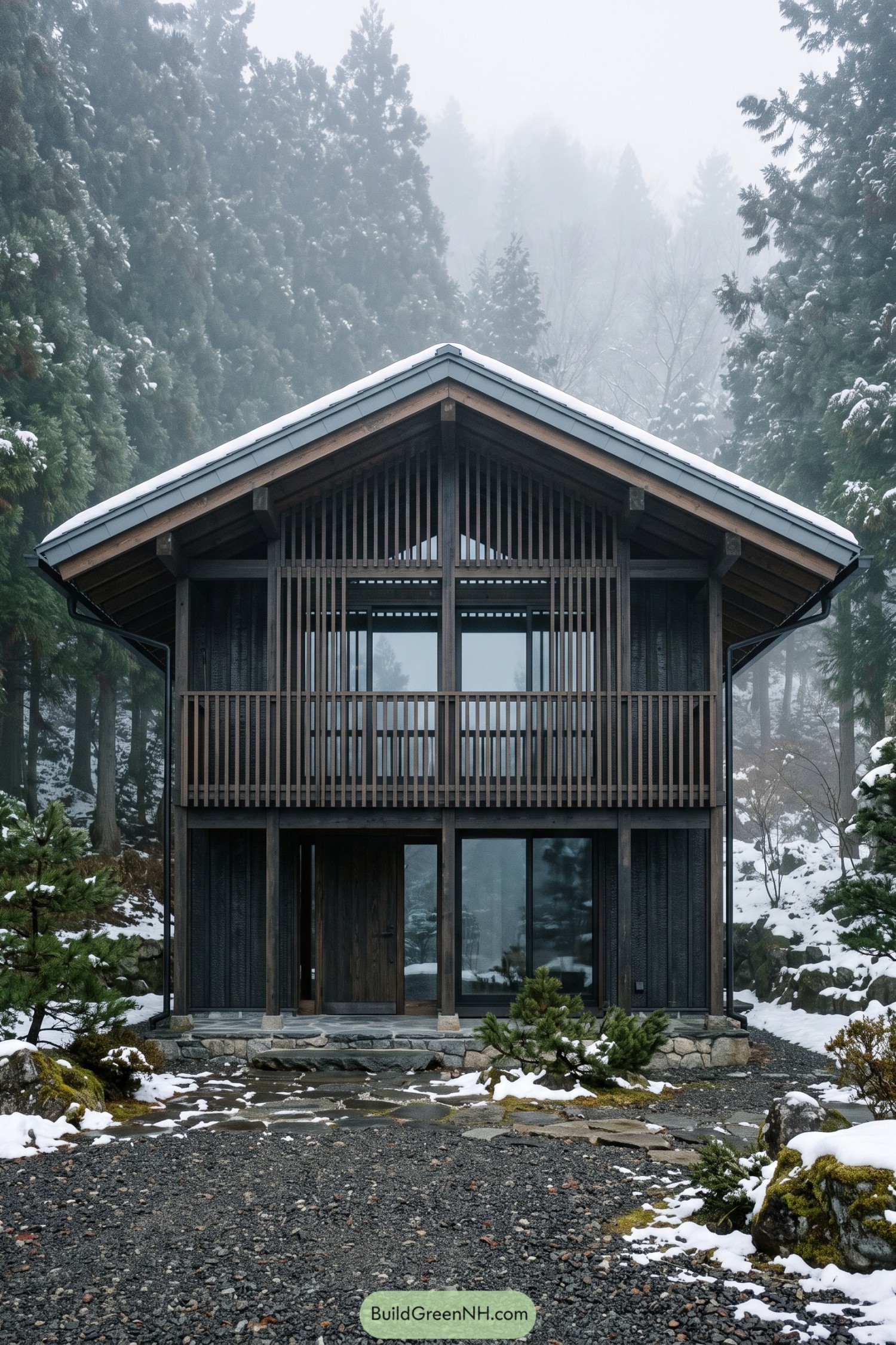 Dark timber chalet with a slatted upper balcony in a snowy forest