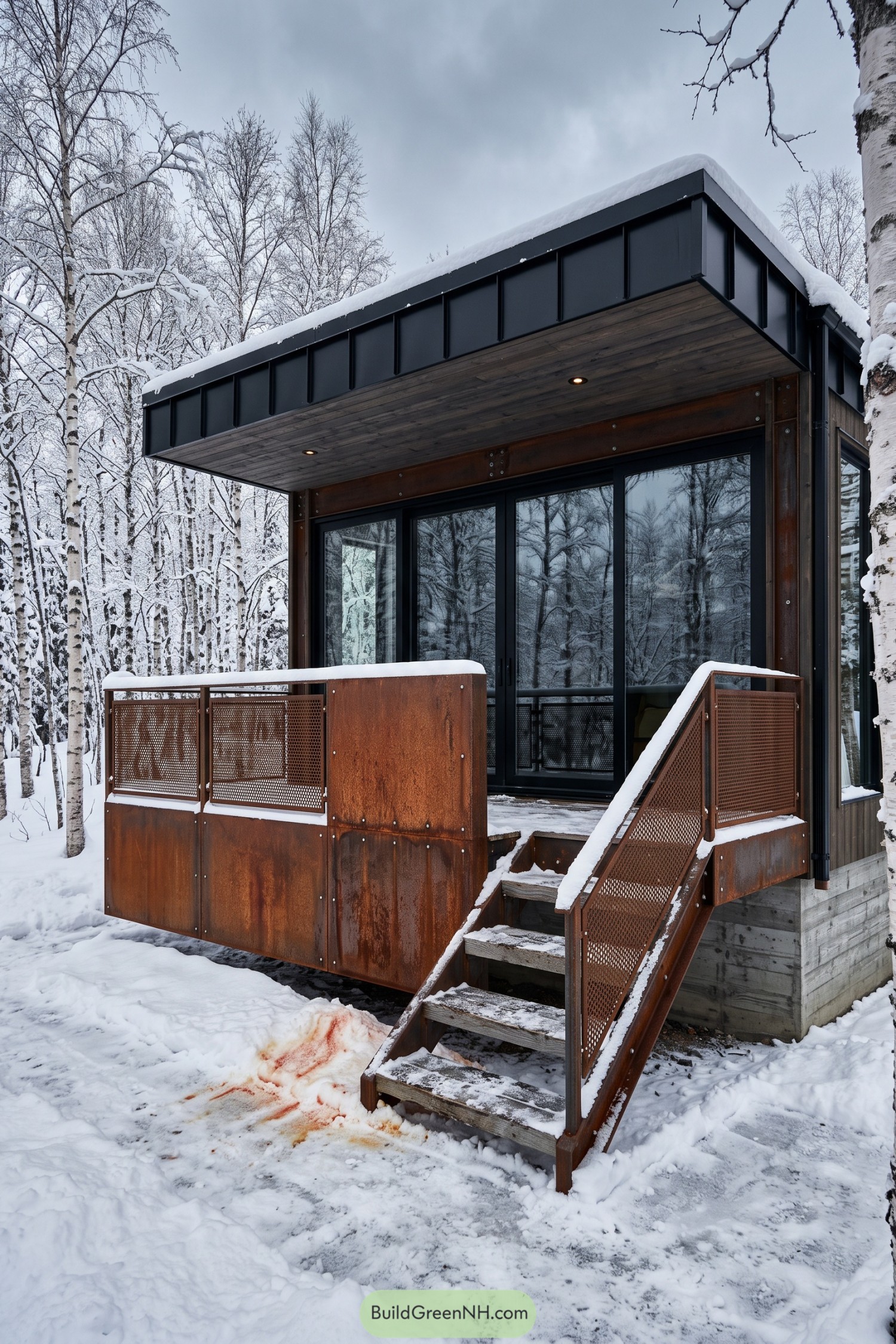 Modern chalet porch with rusted steel railings in snowy birch woods