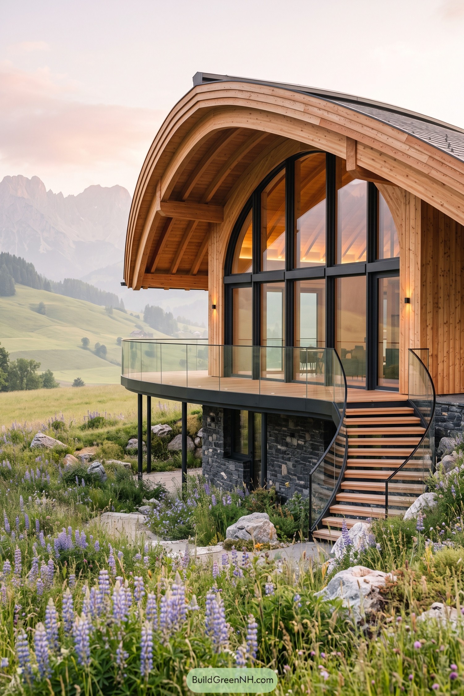 Curved timber chalet with a glass balcony overlooking an alpine meadow