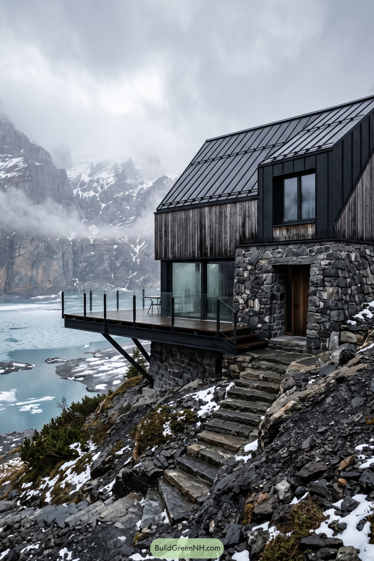 Modern stone and timber chalet with a glass balcony above an icy mountain lake