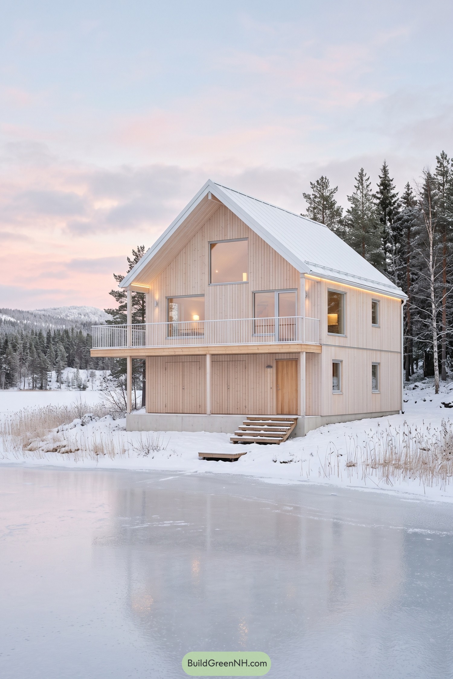 Pale timber chalet with a wide balcony beside a frozen lake