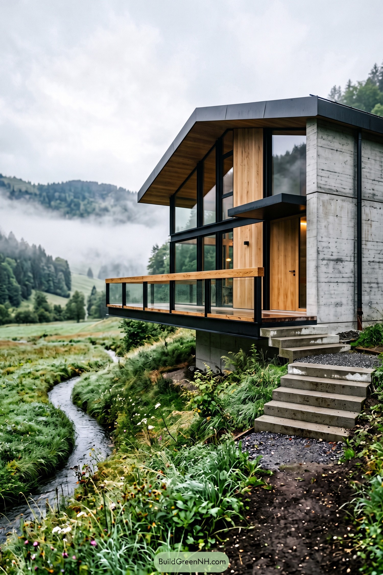 Modern chalet with a glass-railed balcony above a mountain stream