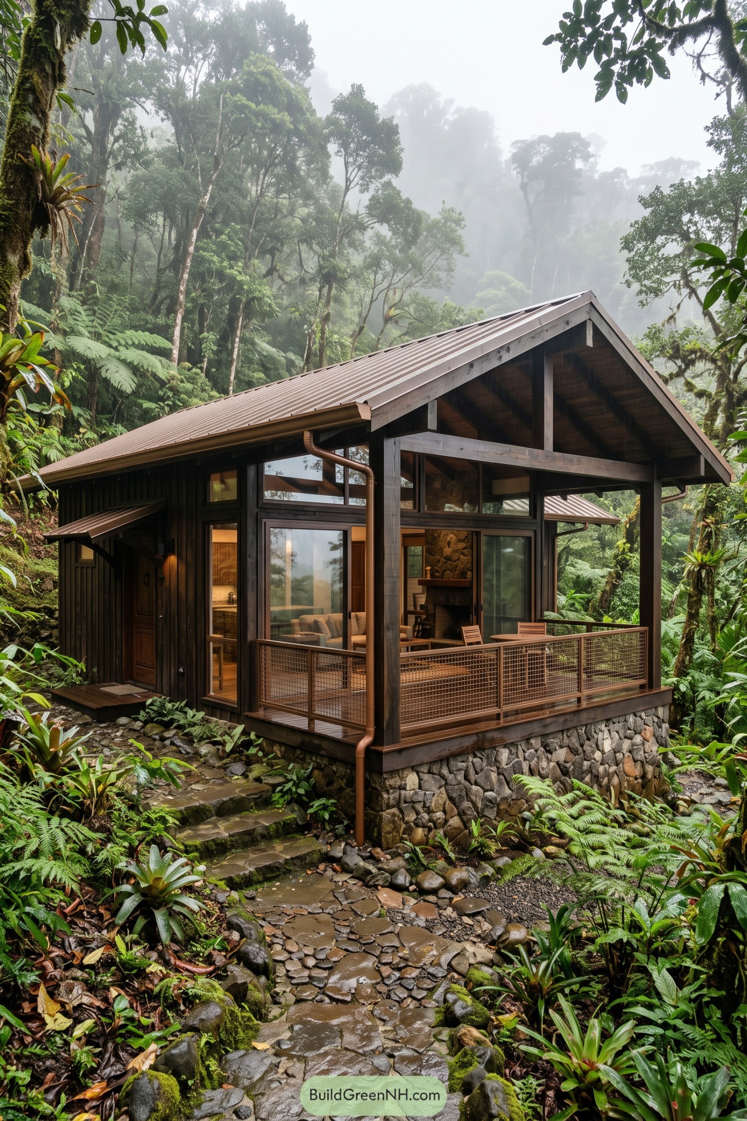 Dark timber lodge with a covered balcony in misty forest