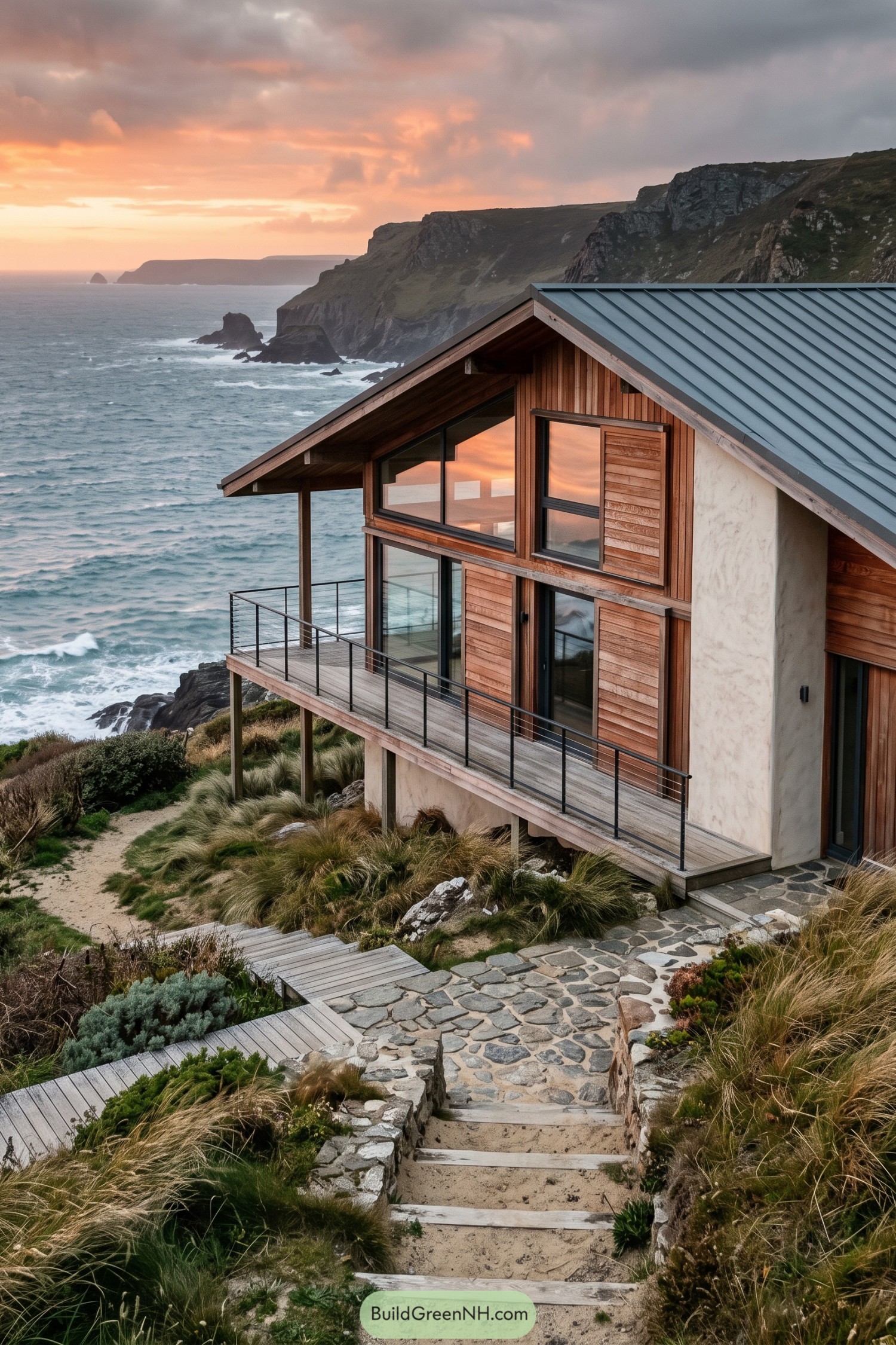 Timber chalet with balcony above rugged coastal cliffs