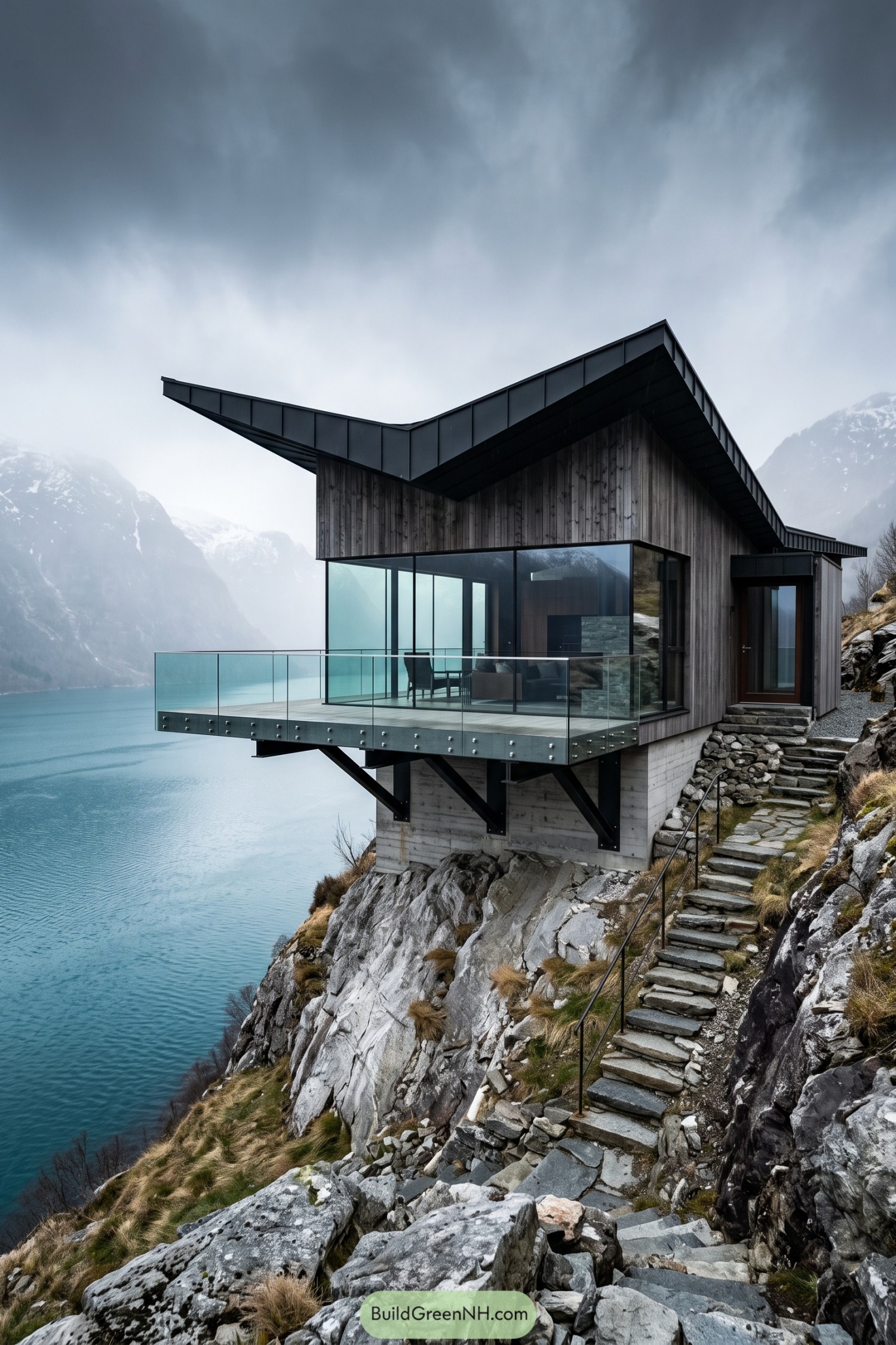 Modern timber chalet with glass balcony above a fjord