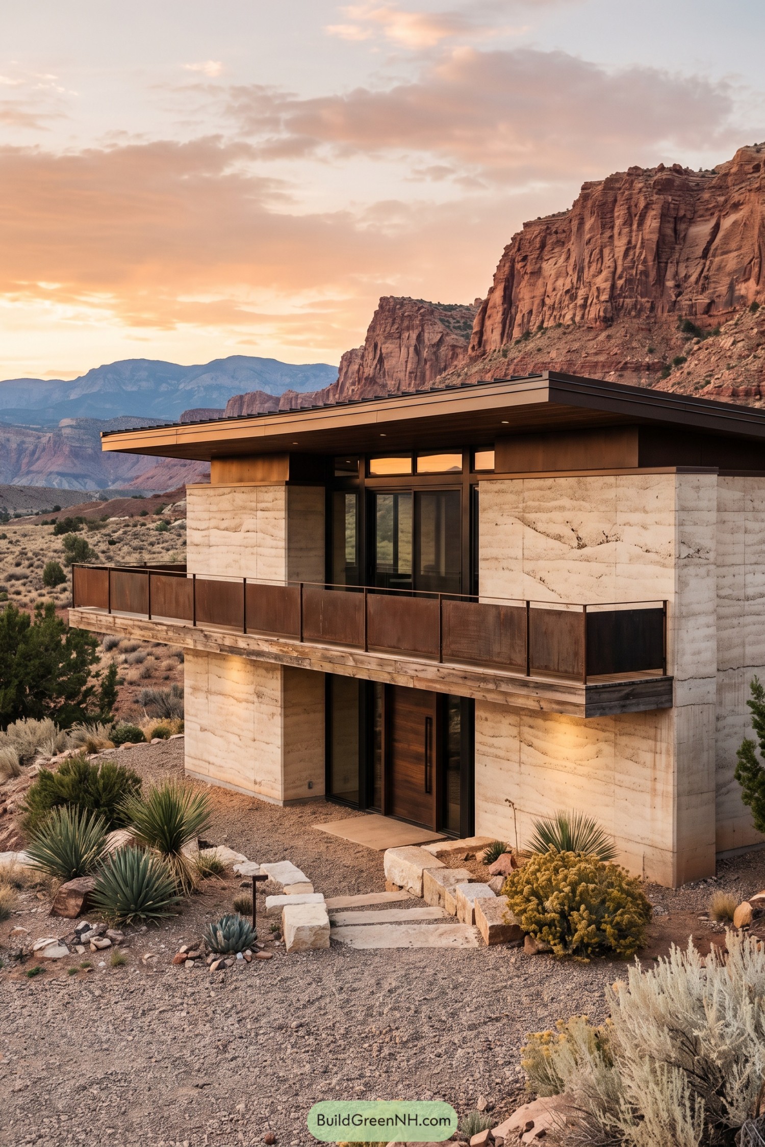 Modern two-story chalet with a broad balcony facing red cliffs