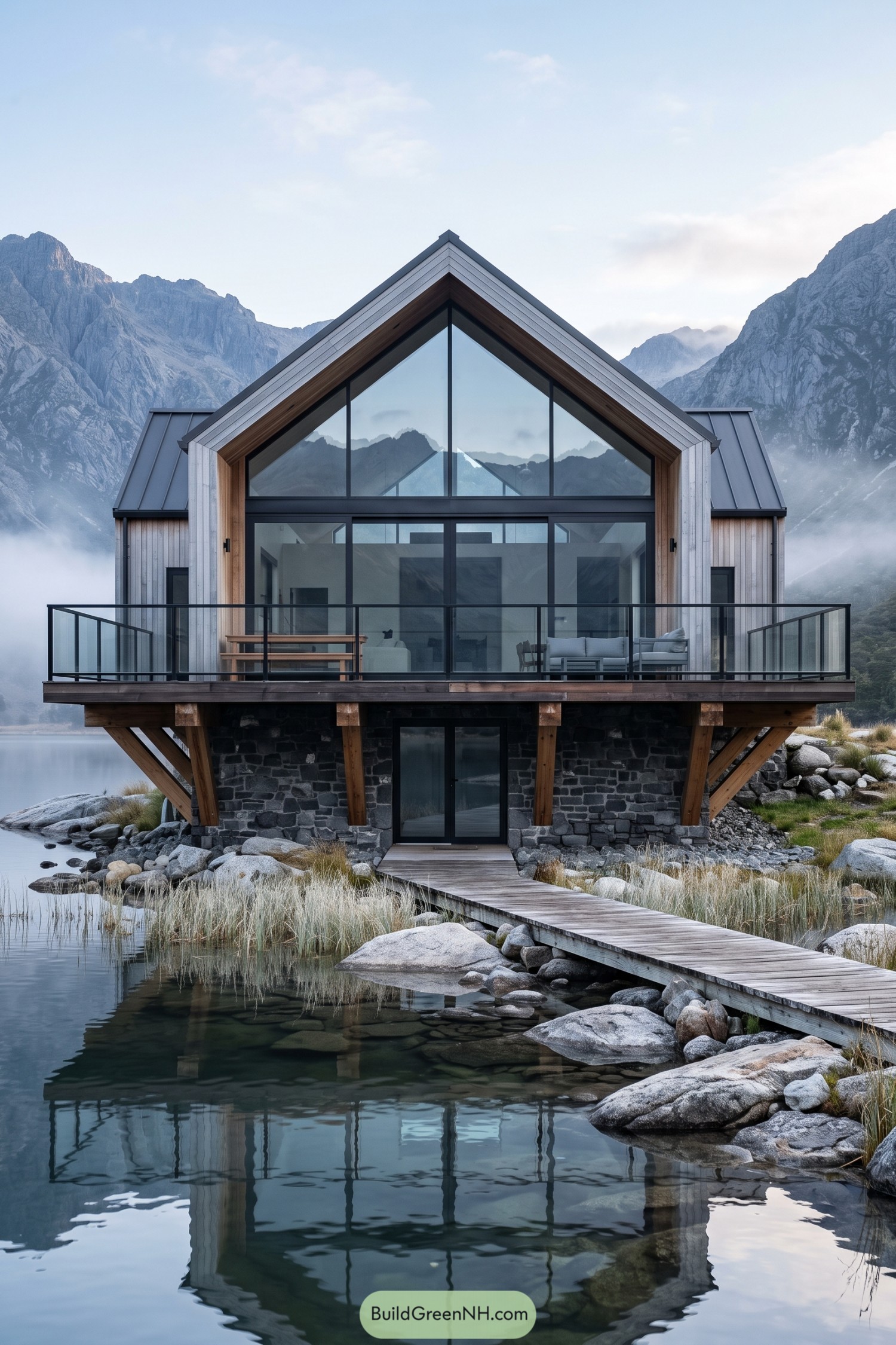 Contemporary lakeside chalet with glass-front balcony and stone base