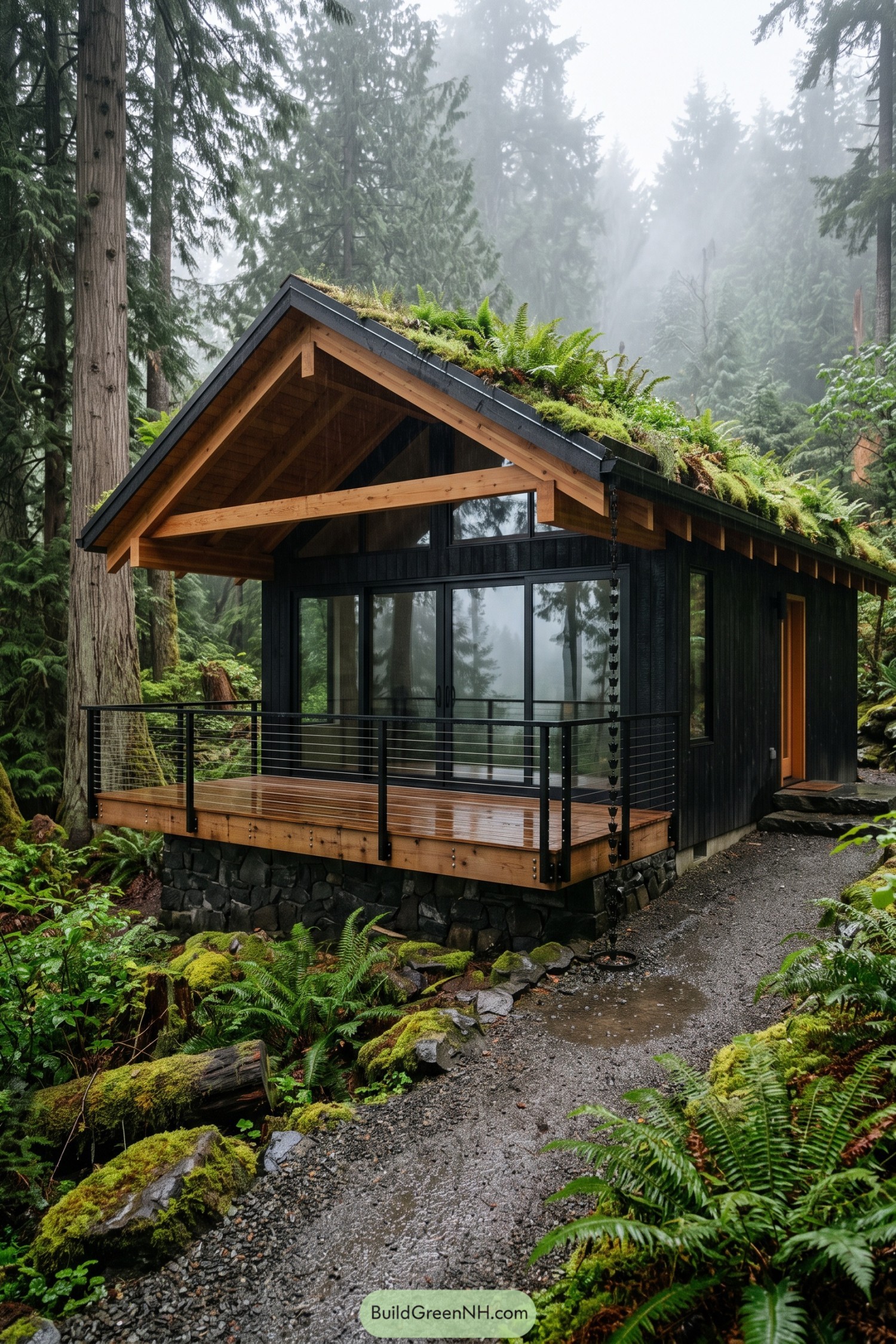 Black timber cabin with a planted roof and front deck