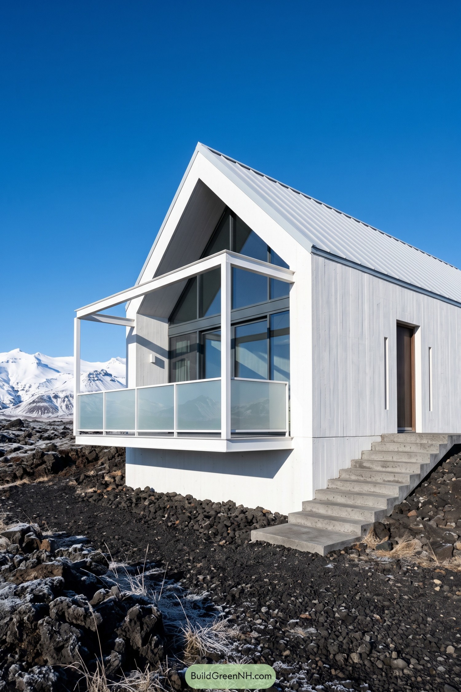 White gabled chalet with frosted glass balcony above black volcanic rock