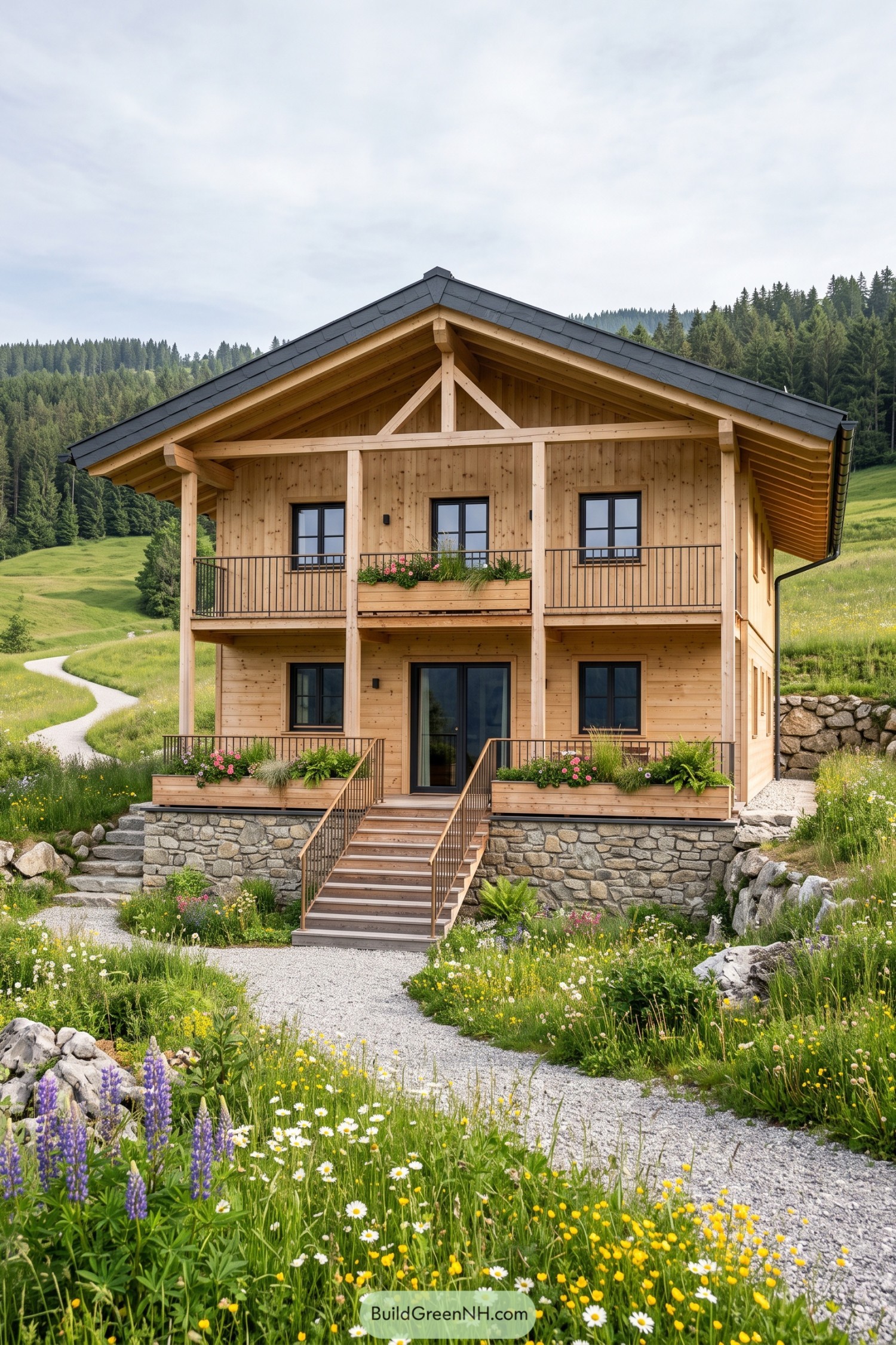 Timber chalet with twin balconies in a wildflower meadow