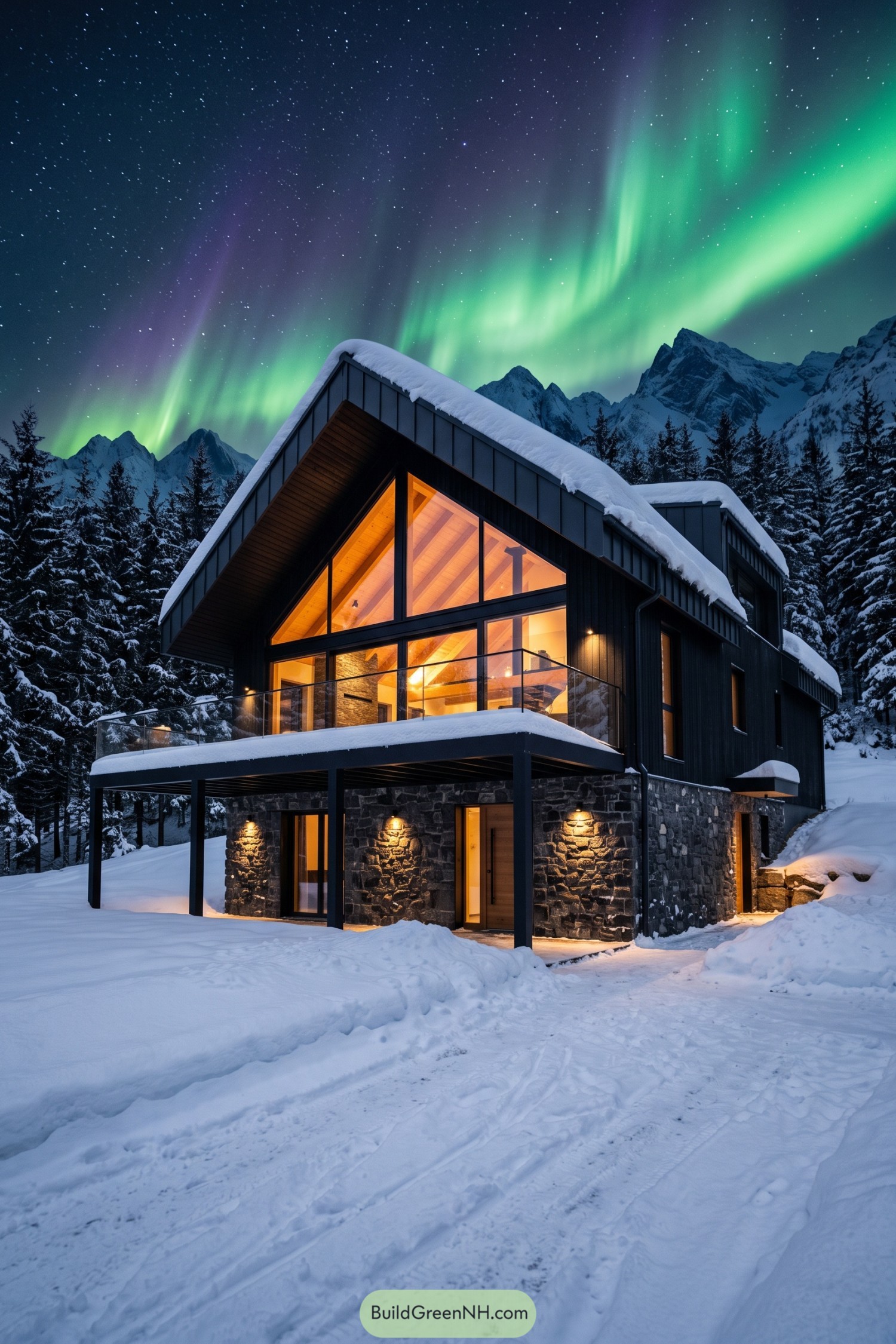 Snowy black chalet with glass balcony beneath aurora