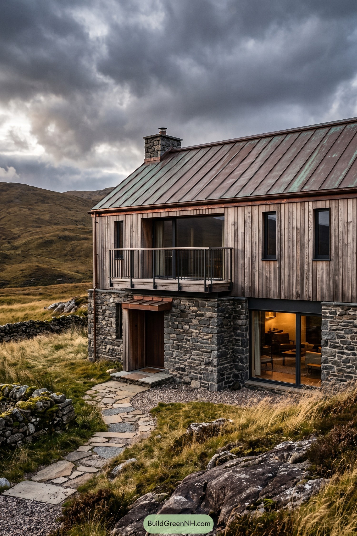 Stone and timber chalet with balcony on moorland