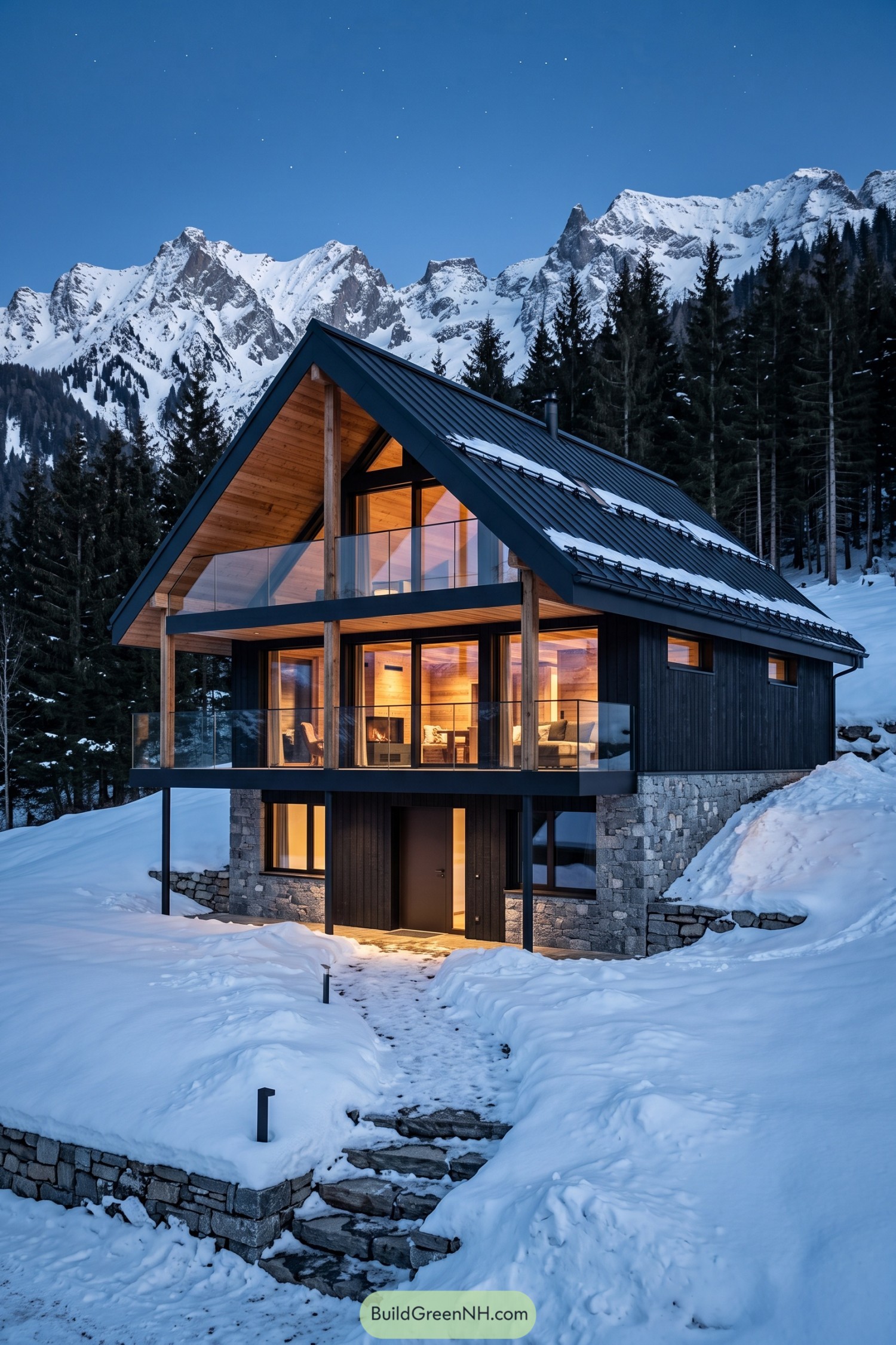 Modern chalet with glass balconies beneath snowy peaks