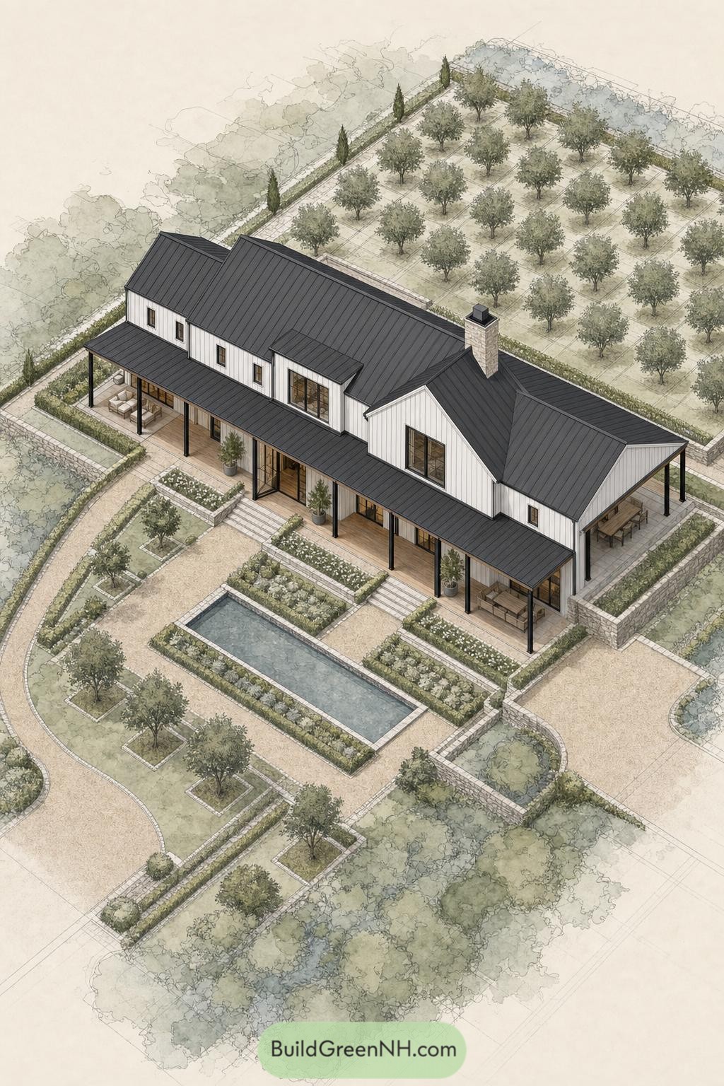 White Barndominium With Orchard Garden And Pool