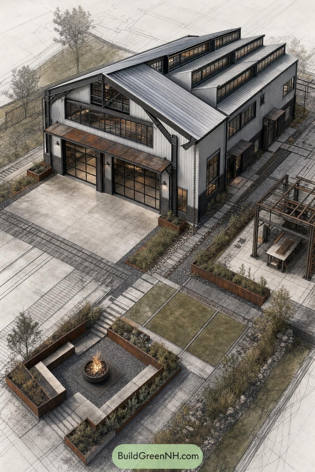 Modern steel barndominium with clerestory roofs and sunken fire court