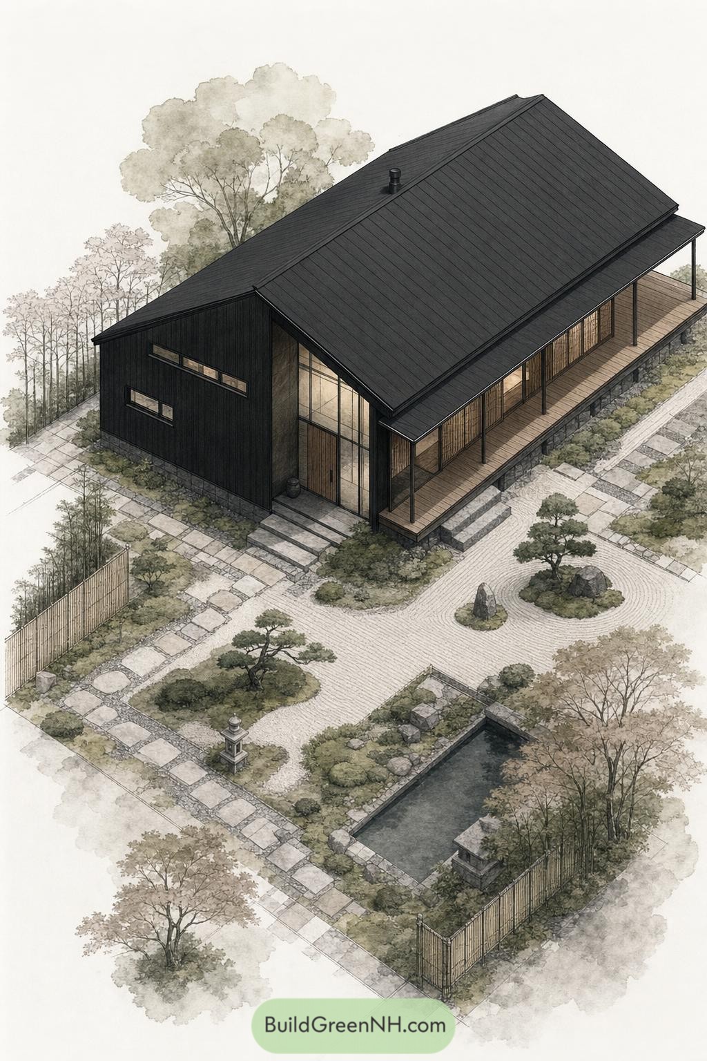 Black barndominium with a zen garden and reflecting pond