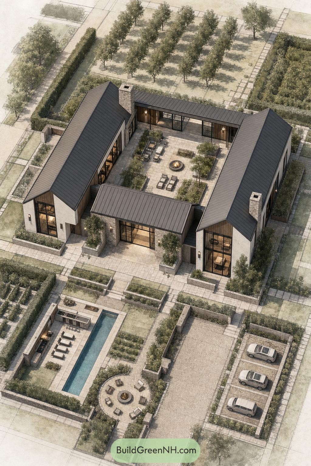 Aerial view of gabled barndominium with courtyard pool and fire pits