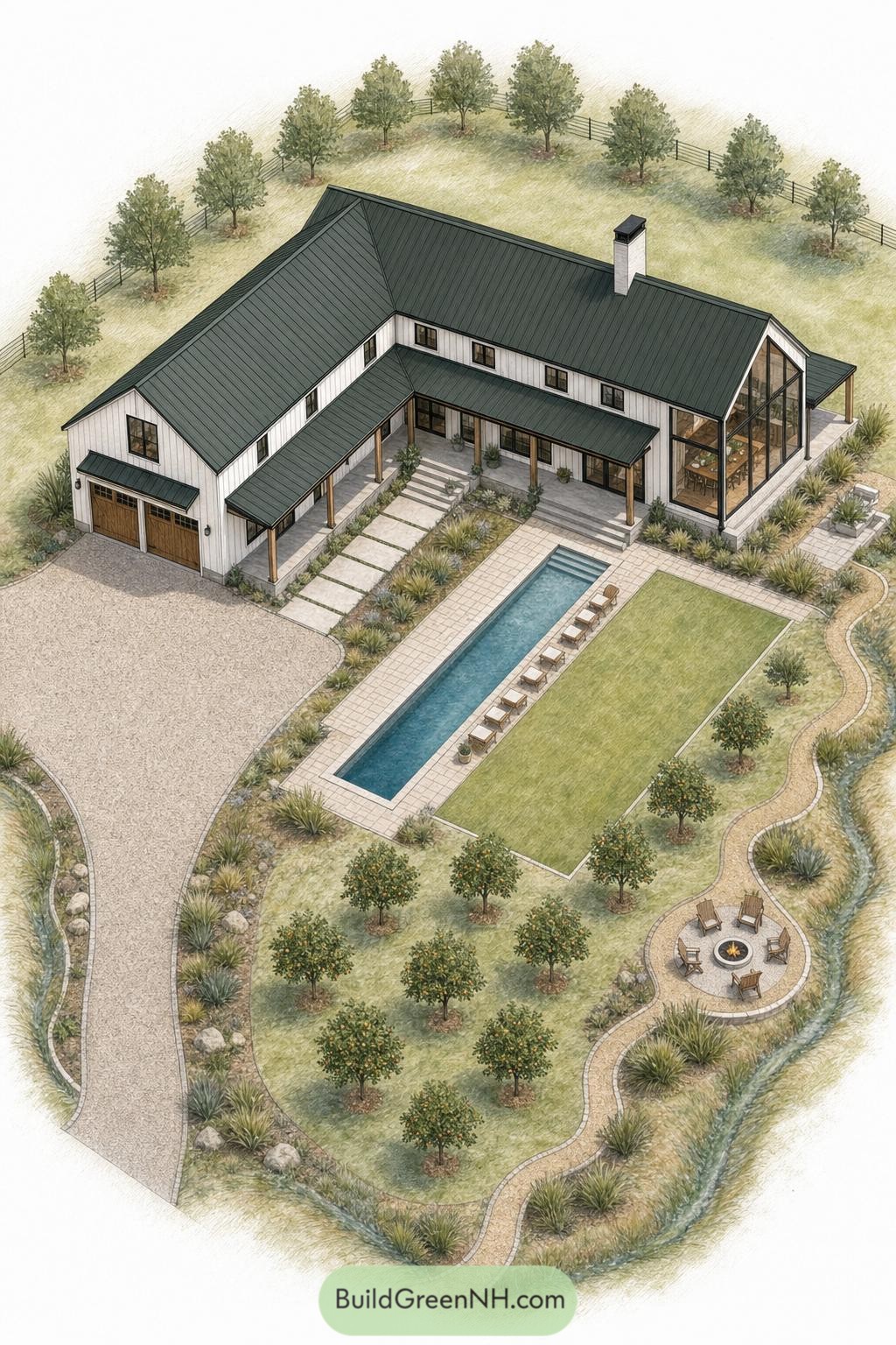 White barndominium with lap pool orchard and creekside fire pit
