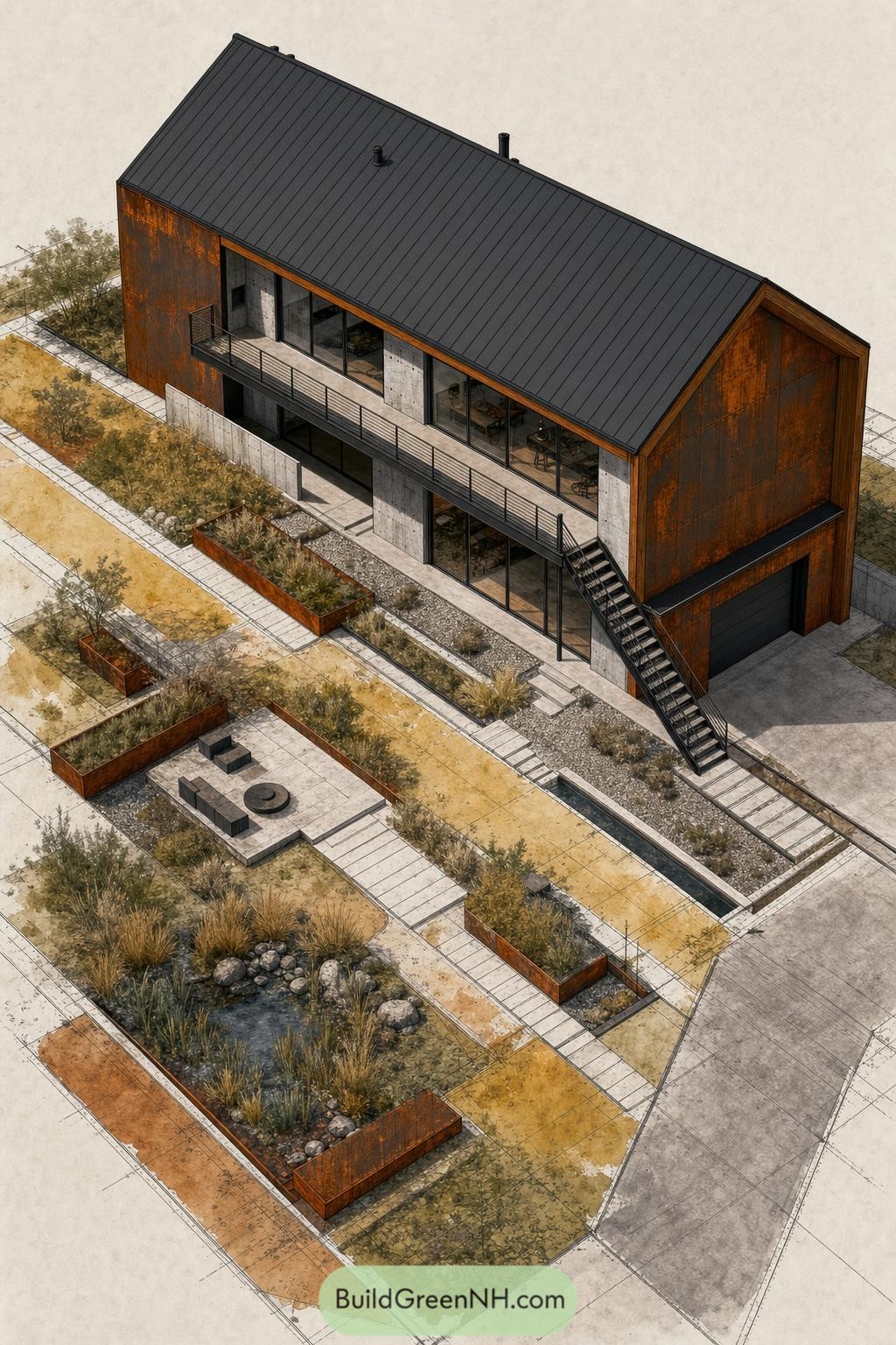 Two-Story Barndominium With Corten Planters And Water Runnel