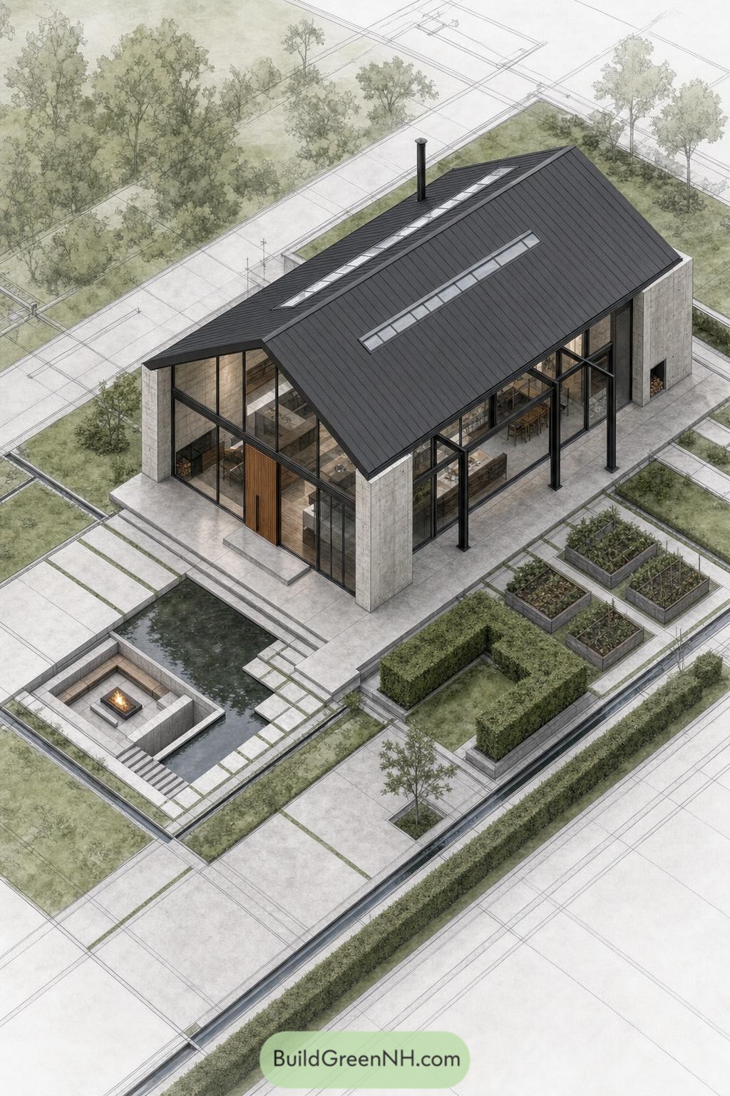 Modern barndominium with a reflecting pool fire pit and raised vegetable beds